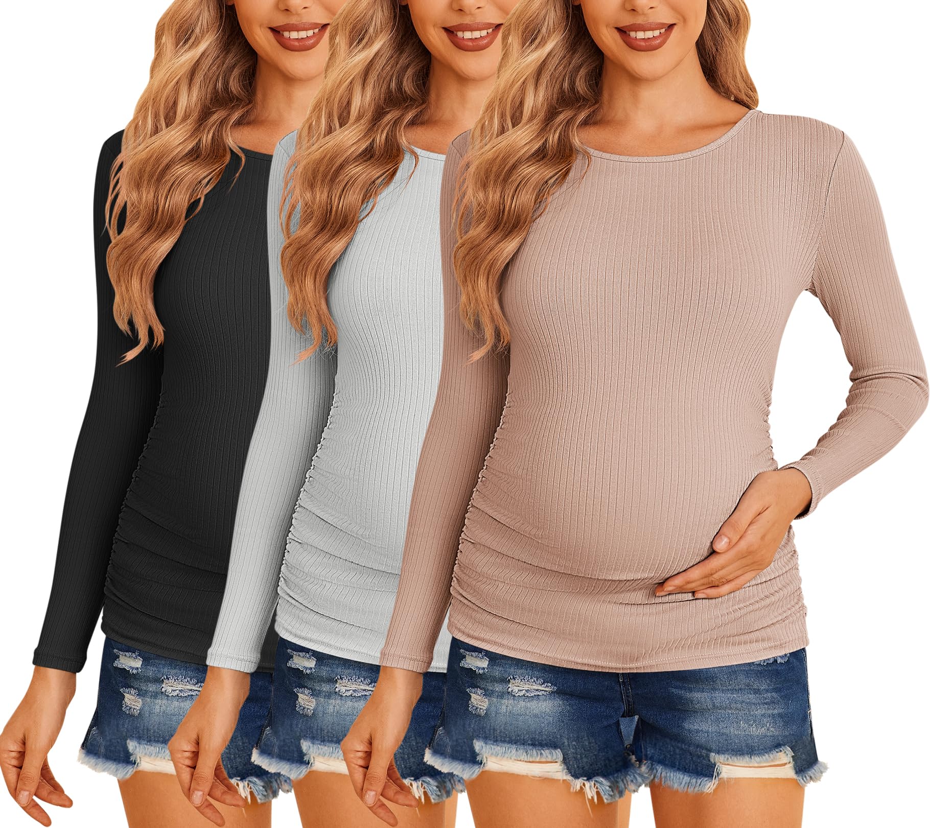 Ekouaer Maternity Shirts 3 Packs Women Long Sleeve Pregnancy Tee Tops Tunic Blouse Ribbed Side Ruched Mama Clothes