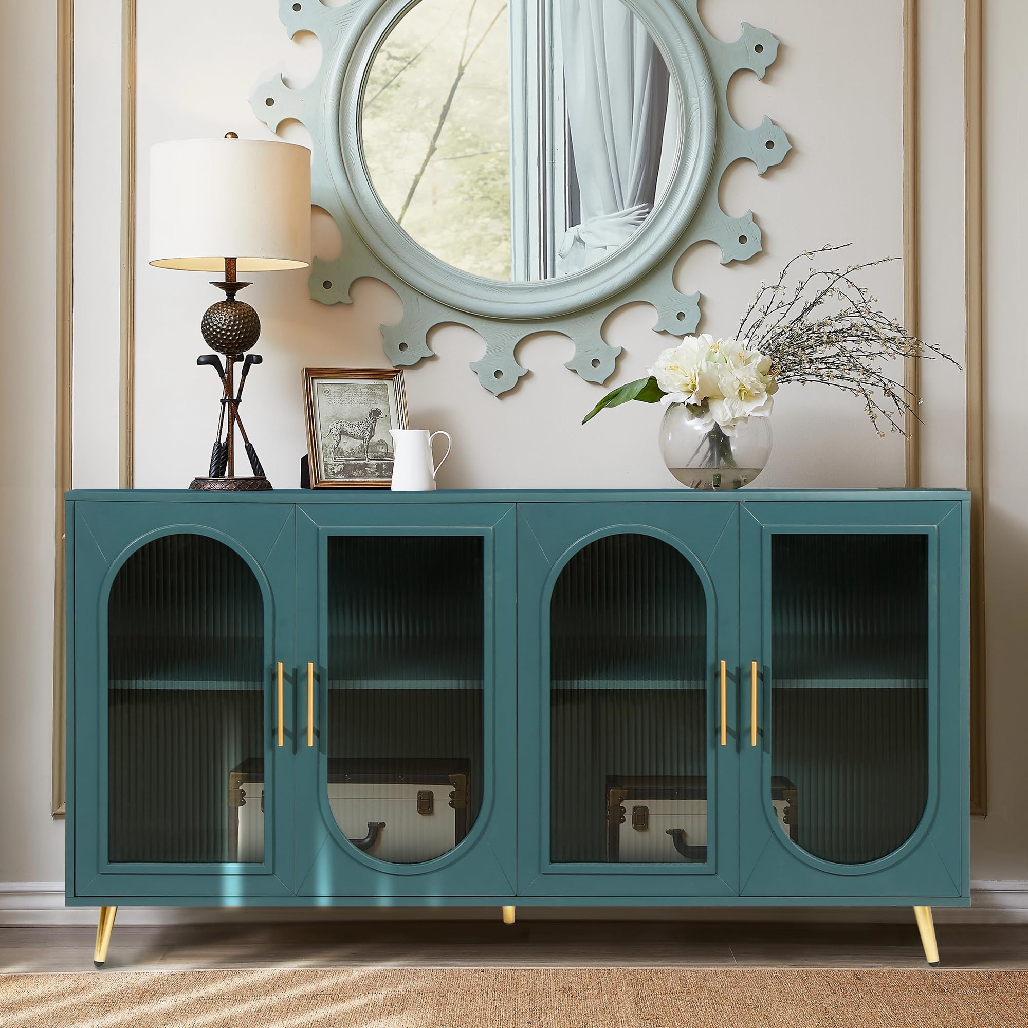 LUMISOL Glass Door Storage Sideboard with Gold Metal Handles&Legs, Modern Coffee Bar Buffet Cabinet with Adjustable Shelf for Living Room Office