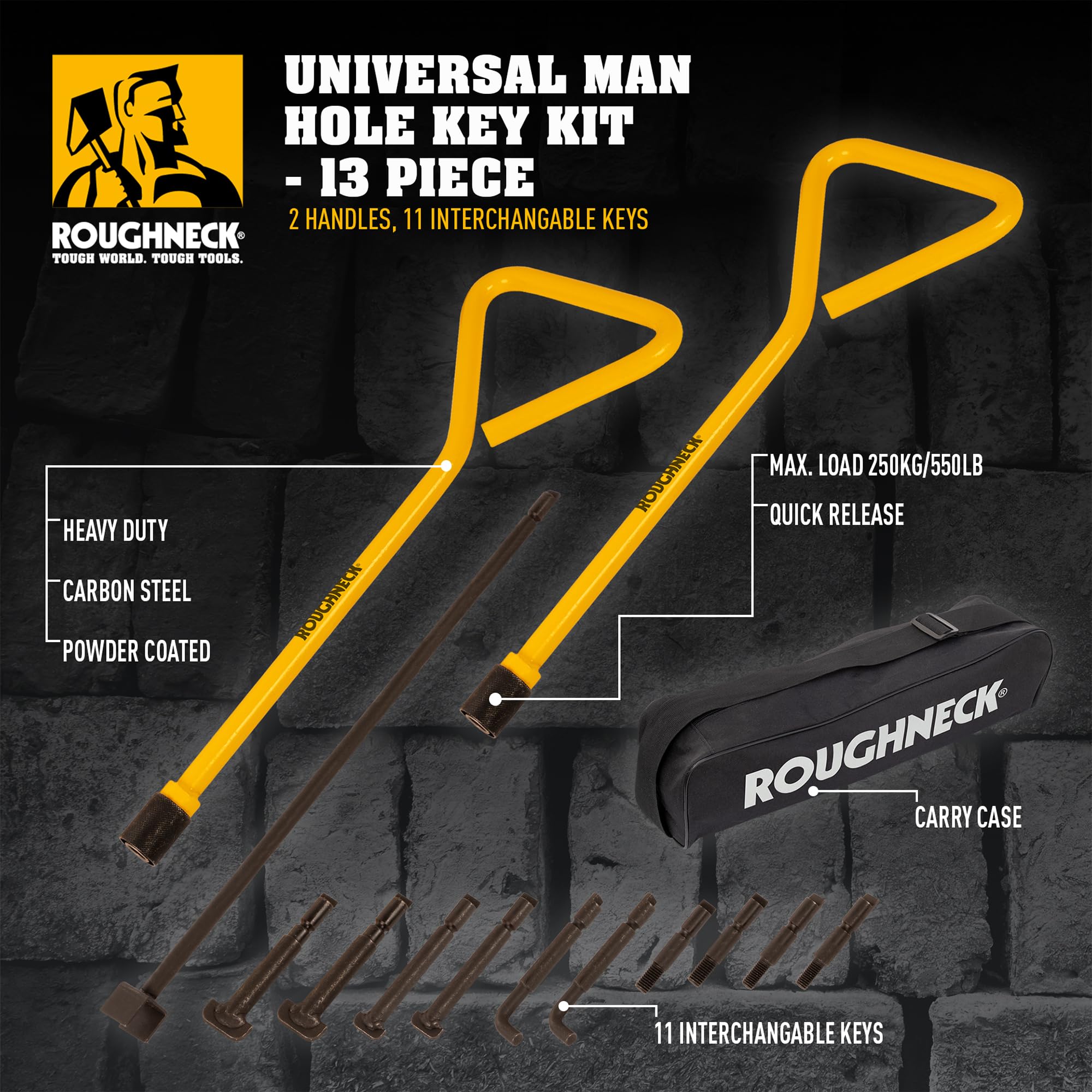Roughneck® Lot de 13 clés universelles pour trou d'homme : 2 poignées, 11 clés (6 types) et étui de transport