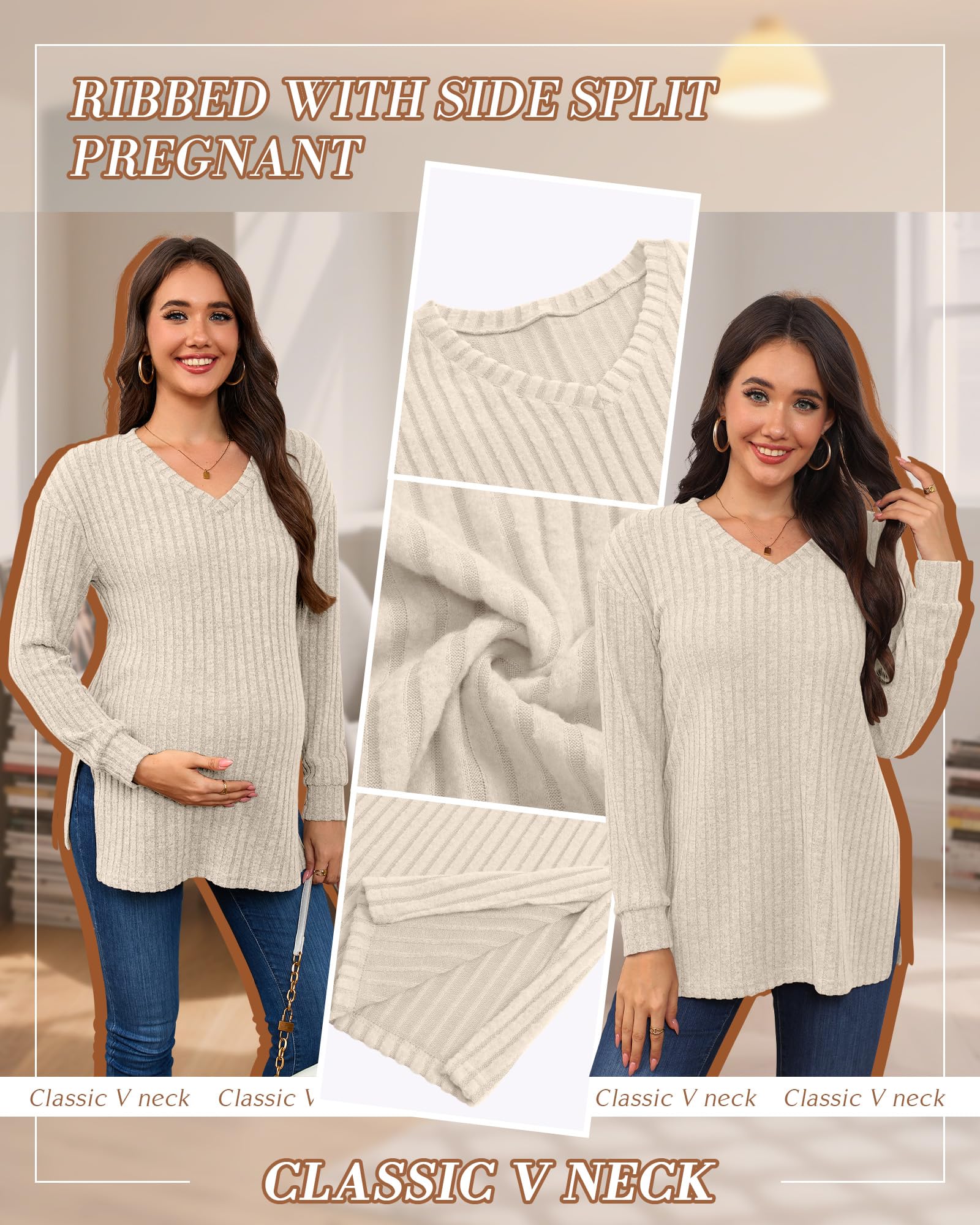 Xuniea 3 Stück Gerippte Umstands-Shirts für Damen, Langarm V-Ausschnitt Pullover mit Seitenschlitz