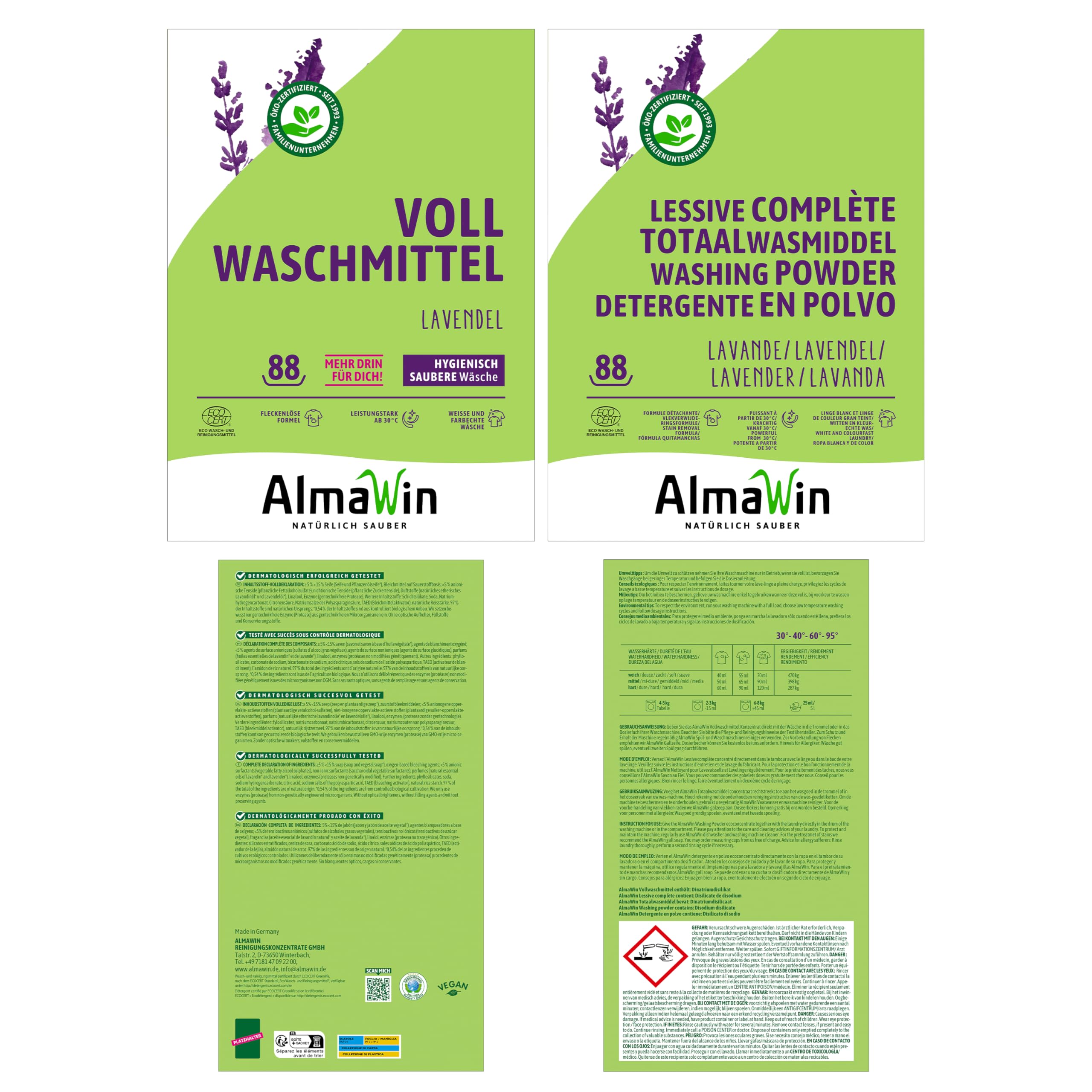 AlmaWin® Vollwaschmittel Pulver [4,6kg - 88 Ladungen] mit Lavendel-Duft für strahlende Reinheit - Waschmittel Pulver für alle weißen & farbechten Textilien [30-95°C] - Veganes Voll-Waschpulver