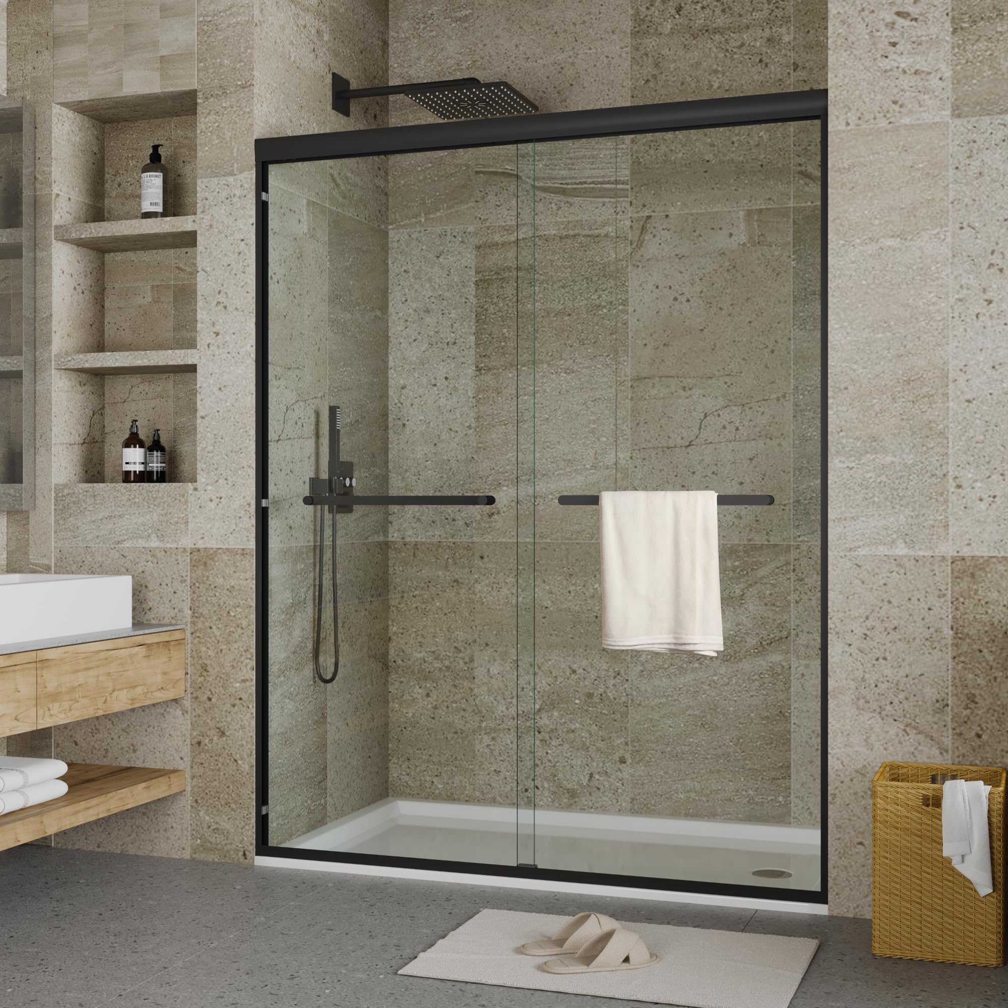 Aluminum Alloy Bypass Shower Door, 50-60" Width x 72" Height, 6mm Tempered Glass Panels with Square Track and Matte Black Finish, Sliding Space-Saver