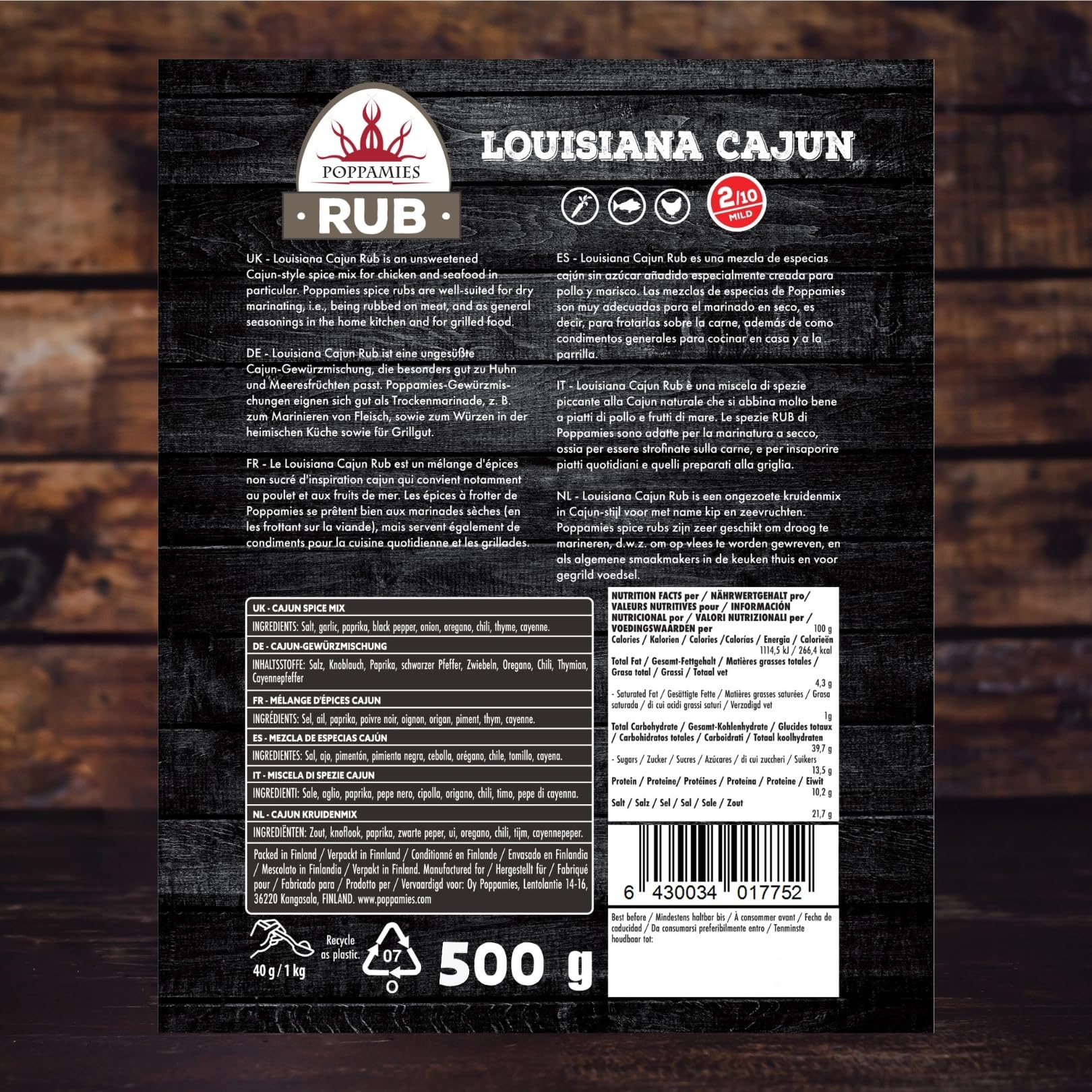 Poppamies Louisiana Cajun BBQ Rub - Assaisonnement BBQ 100% Naturel - Marinade Sèche & Épices - Idéal pour le gril - Grand format (500g)