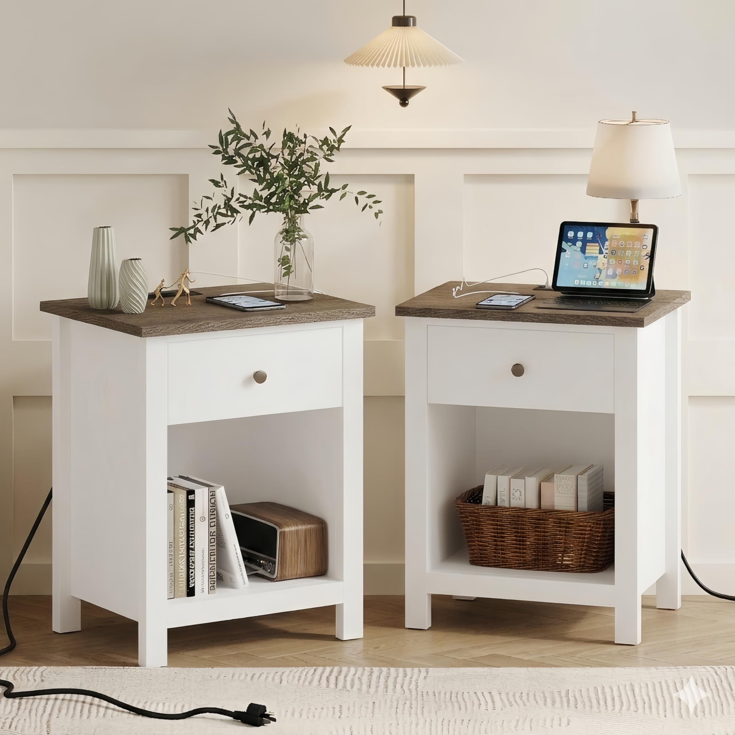 ChooChoo Farmhouse Nightstand with Charging Station Set of 2