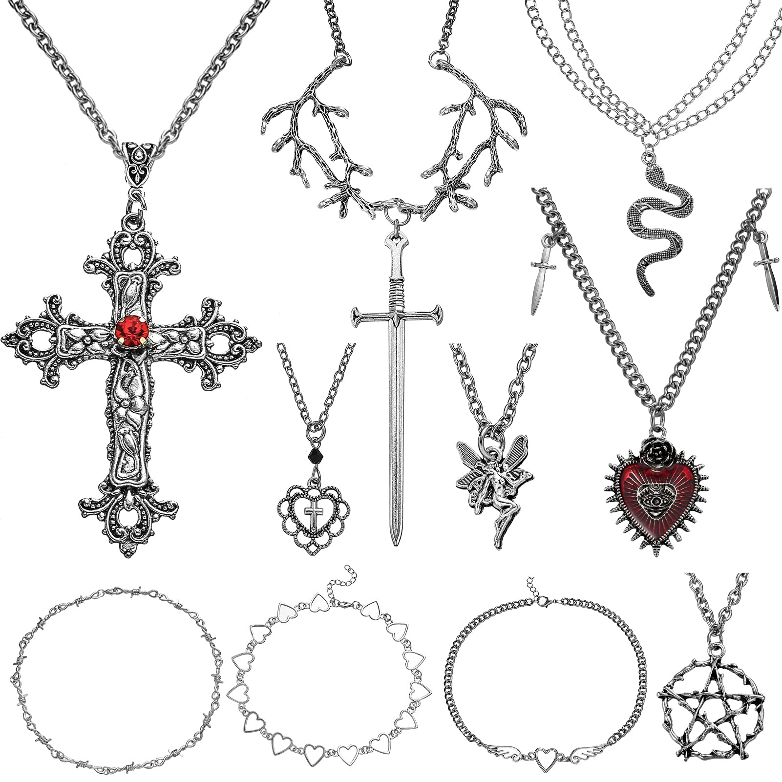 COGU 10Pcs Gothic Grunge Necklace Set Goth Punk Rock Vintage Harajuku Silver Chain Necklace Jewelry Costume Accessories for Women Men,Fashion Jewelry Gifts with Delicate Box - 10 pcs