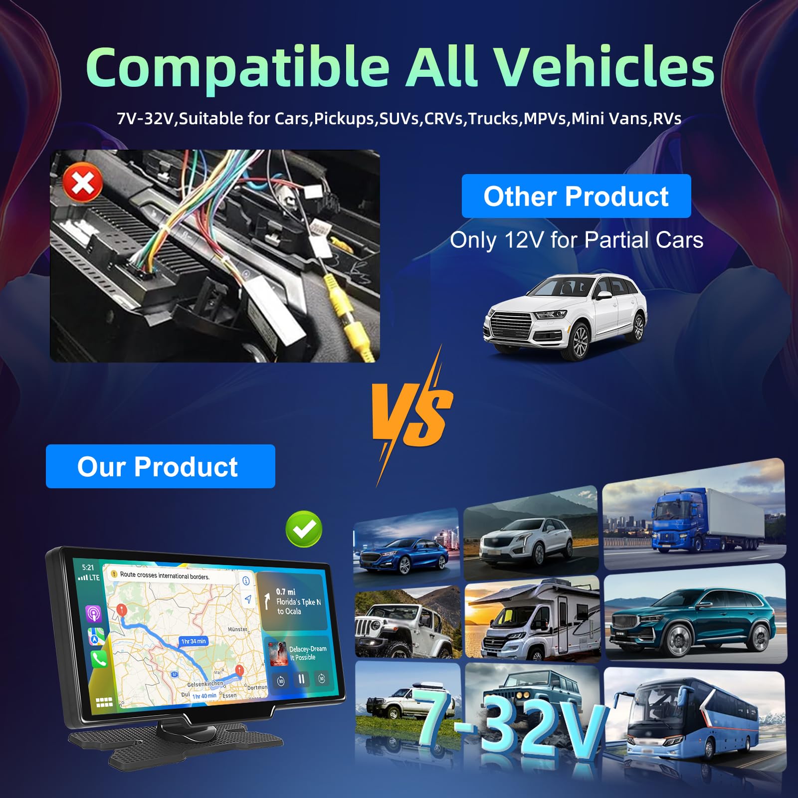 Écran Portable sans Fil 10.26" CarPlay Voiture avec 2,5K Dashcam & 1080P Caméra de Recul, Ecran Carplay MirrorLink, Navigation GPS, Siri G00gle Assistant Vocal, Bluetooth, FM, Aux, 64G TF Carte