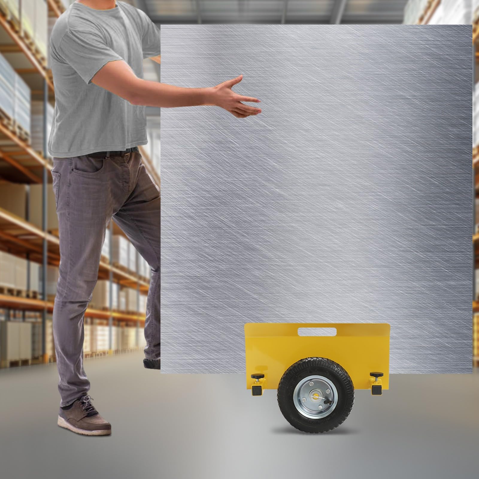 Plattenwagen Transportwagen Bauwagen Lastenwagen Brettwagen Materialwagen Werkstattwagen aus legiertem Stahl mit 20 cm Gummireifen für Baustelle Lagerhalle (Gelb)