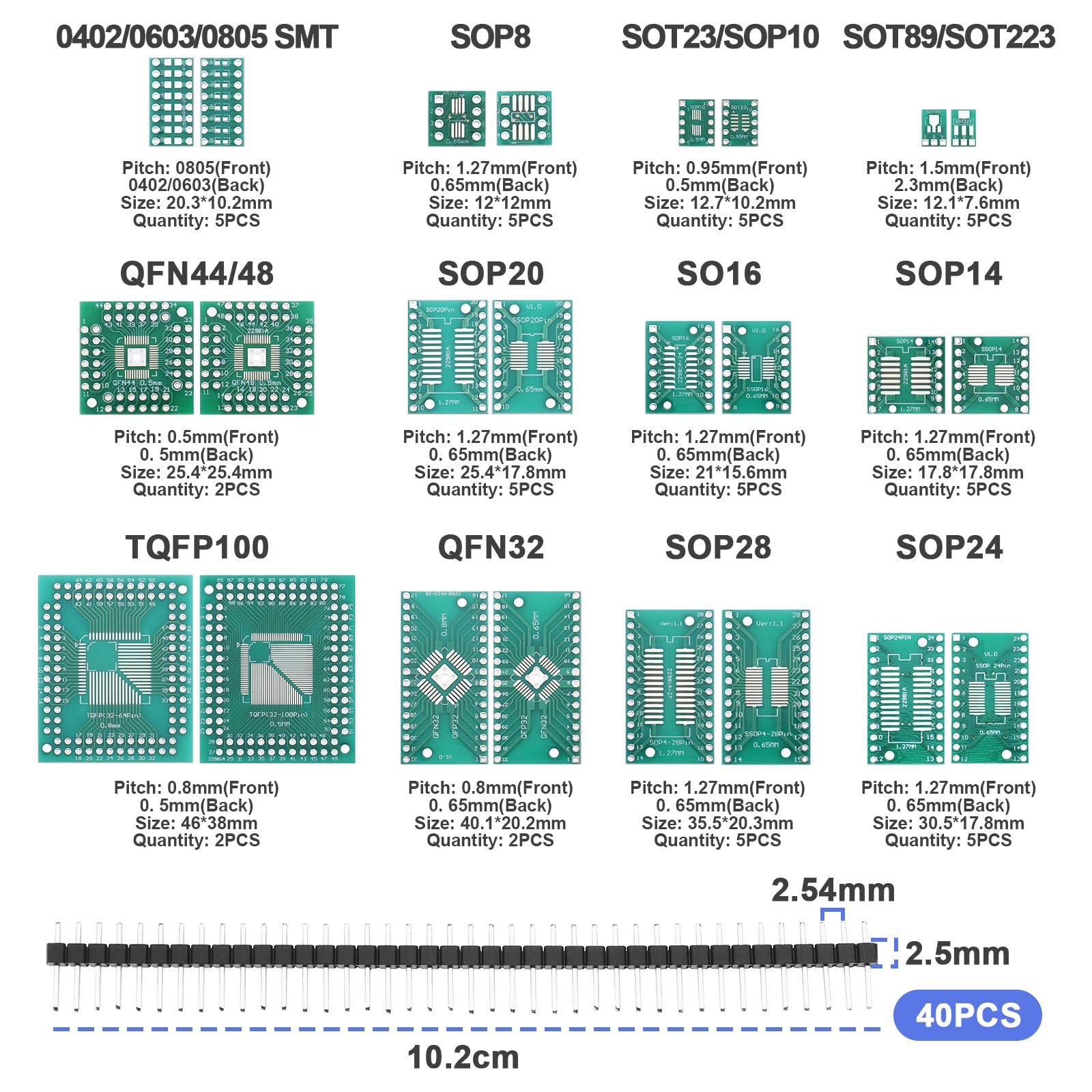 51PCS 12 tipi SMD a DIP schede adattatore kit SOP8 SOP10 SOP14 SOP16 SOP20 SOP24 SOP28 0402/0603/0805 SMT SOT89/SOT223 TQFP100 QFN32 QFN44 48 con 4 0 pin header da 2,54 mm