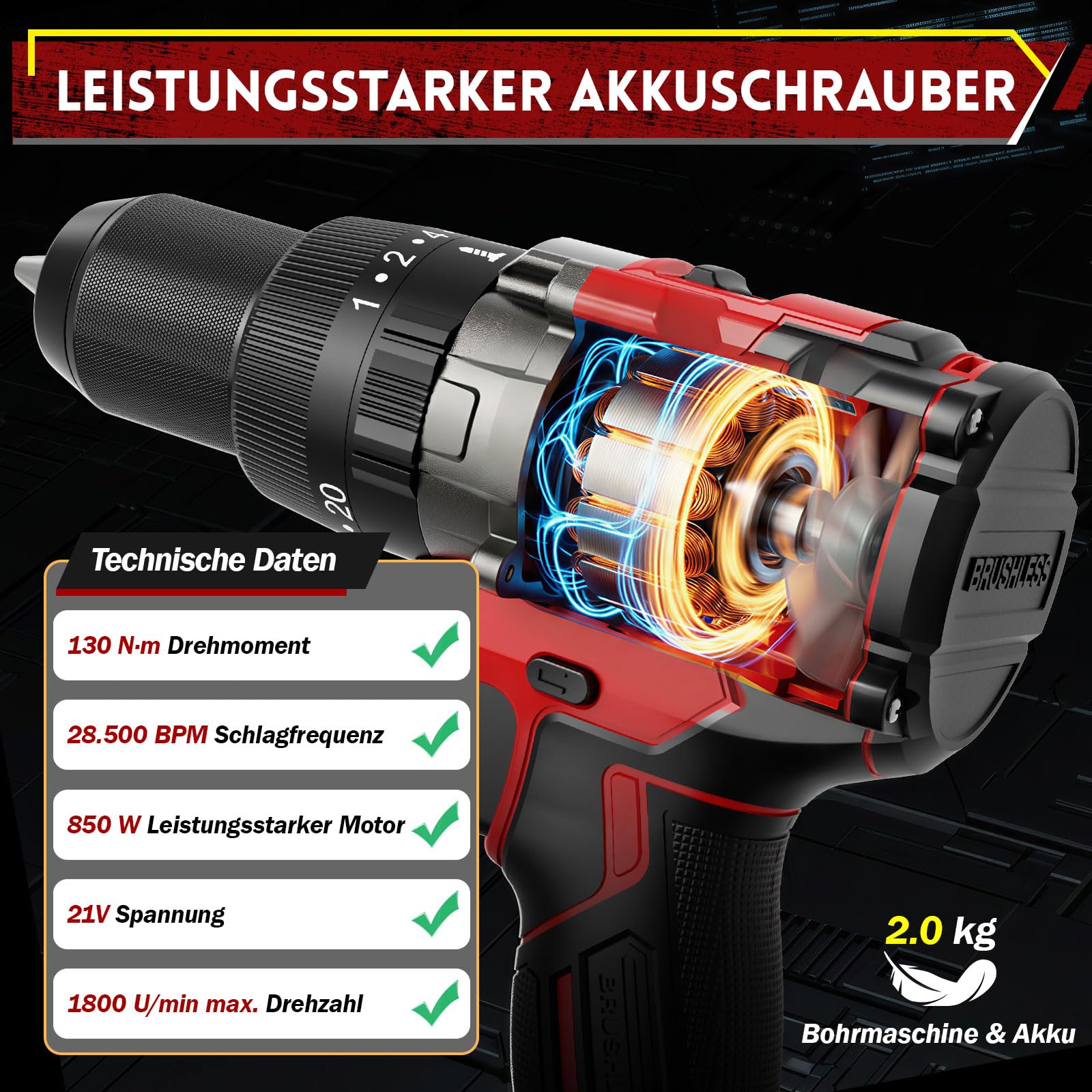 Trapano Avvitatore a Batteria 21V Brushless 130Nm con Batteria 4.0Ah, Trapano Avvitatore a Percussione, 20+3 Coppie, 13mm Mandrino, 2 Velocità, per Forare, Avvitare