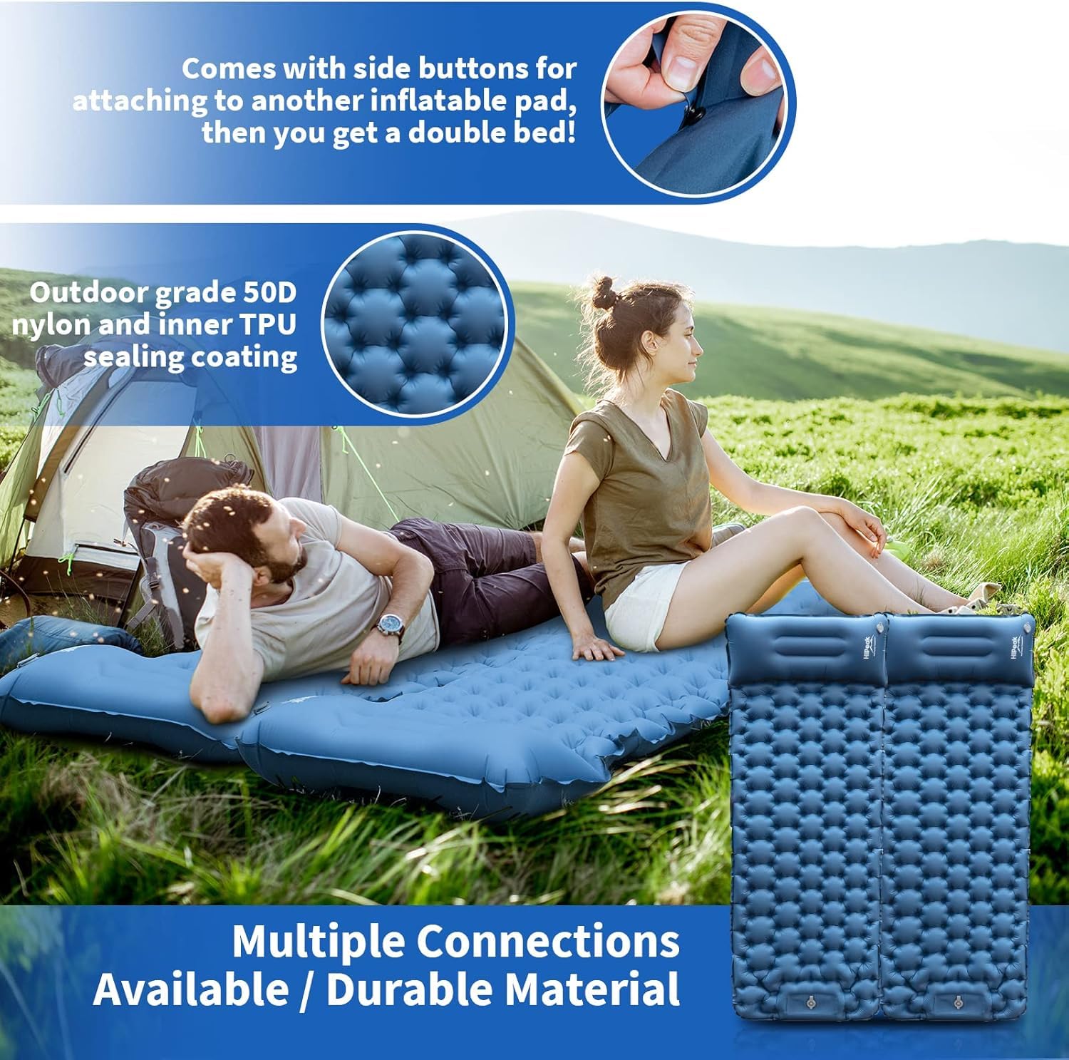 HiiPeak Esterilla portátil Inflable con Almohada y Bomba de pie, Colchoneta Camping de Dormir para Senderismo Ultraligero en Azul para Camping, Viajes y Senderismo