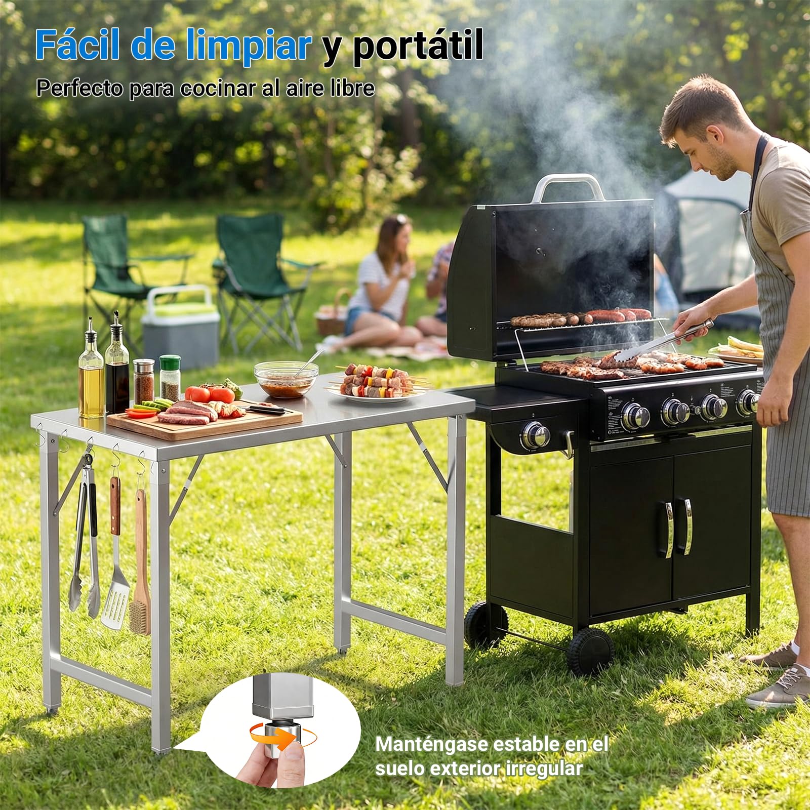TLSUNNY Mesa de Acero Cocina Inoxidable Plegable 120x60cm, Mesa de Trabajo Inoxidable Gastronomía con 5 Ganchos, Patas Ajustables,Capacidad 250kg,Mesa de Cocina Preparación de Comida para Restaurante