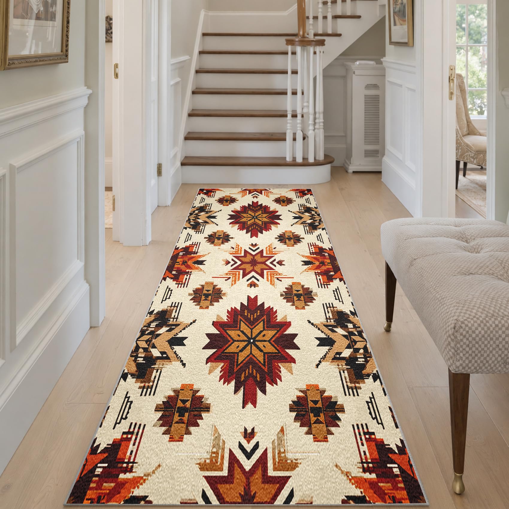 Générique Tapis de Couloir Aztec Western 80x150 cm, Tapis de Passage Amérindien Bohème Ethnique pour Cuisine Salon Chambre Balcon Entrée Interieur, Antidérapant et Lavable