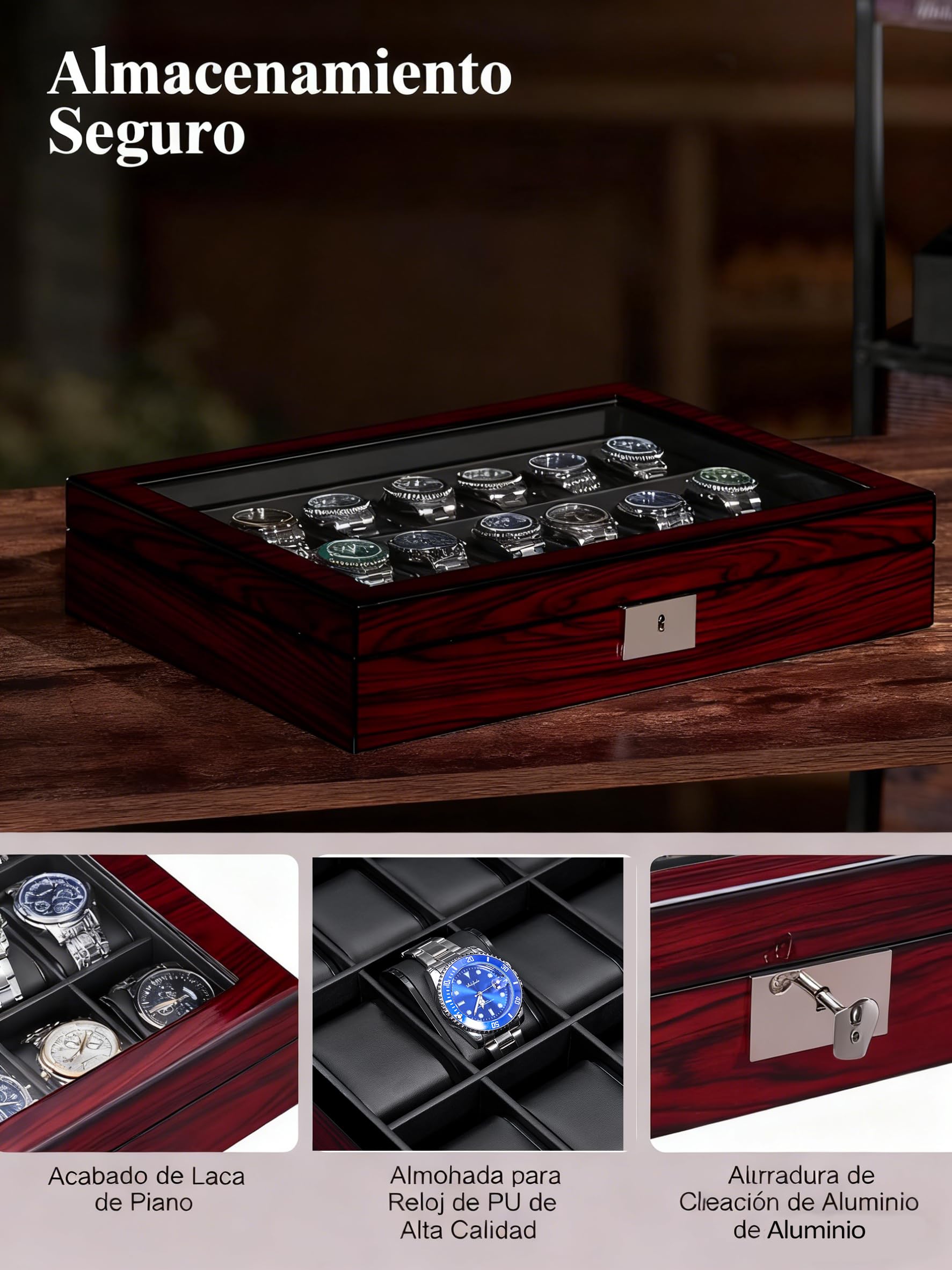 ANWBROAD Caja de relojes con 21 compartimentos, caja de joyería para hombre, con gran tapa de vidrio, vitrina de relojes, organizador de relojes con cierre, lujoso soporte de relojes para regalo