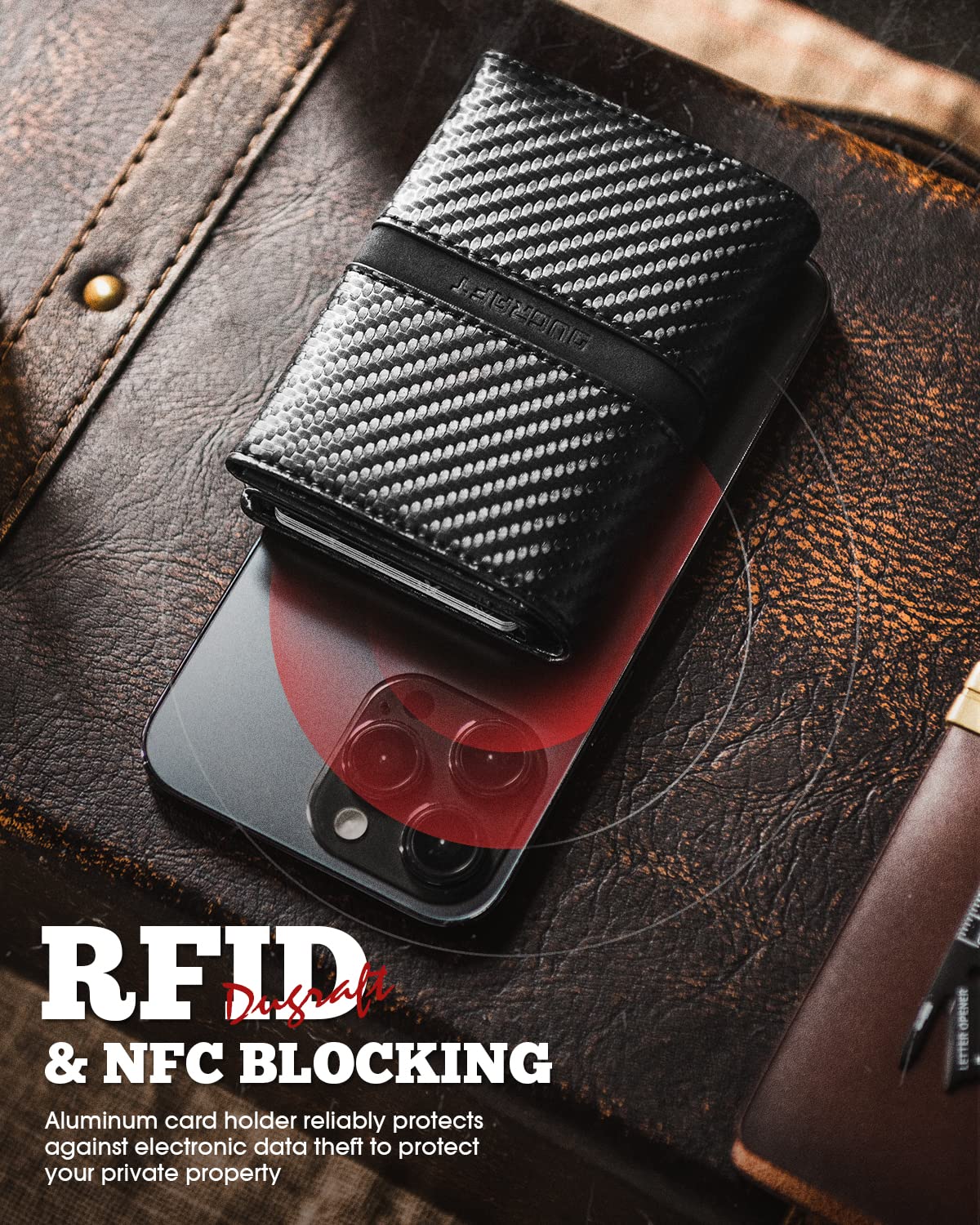DUGRAFT Portfel na karty z okienkiem na dowód osobisty, skórzany, męski, blokujący RFID, minimalistyczny, rozkładany portfel, aluminiowe, metalowe etui na karty kredytowe z przegródką na banknoty, Cf