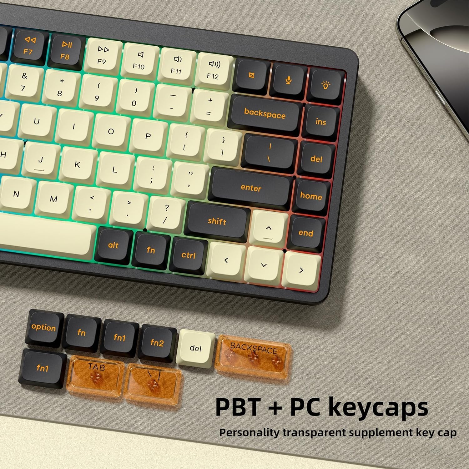Niskoprofilowe nakładki na klawisze Double Shot PBT 60, 75, 100%, przezroczyste nakładki na klawiaturę PC, beżowe/ciemnoczarne/pomarańczowe, do większości przełączników MX mechaniczna klawiatura