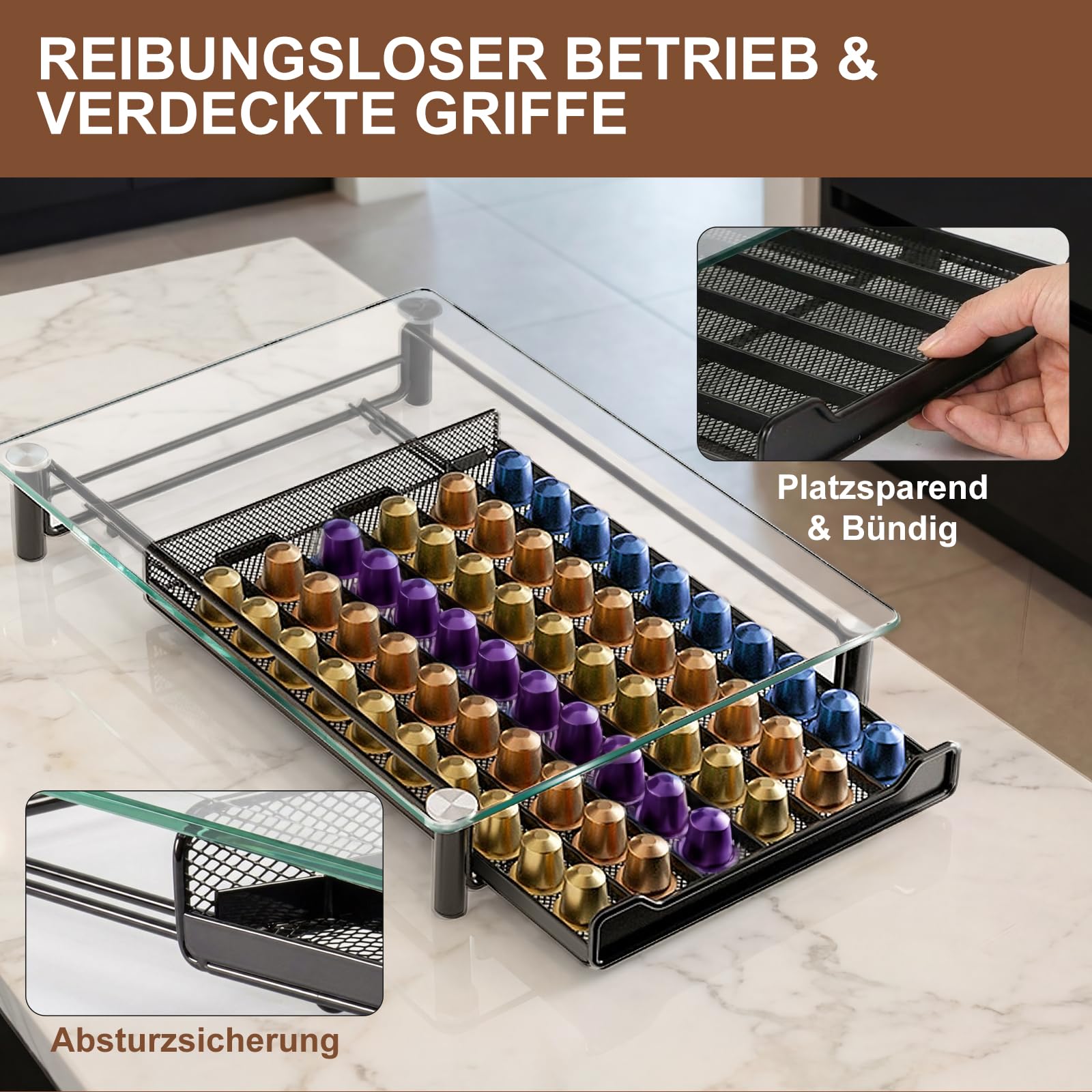 Zvonema Support de capsules Nespresso transparent pour 60 capsules de café, rangement en verre et métal, design extensible, robuste