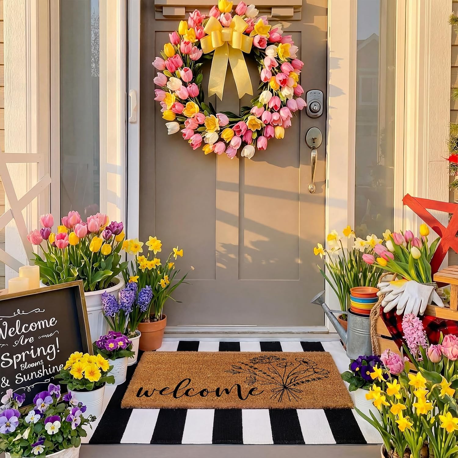 Duraaamo 2 Pcs Spring Coir Doormat Outdoor Flower Welcome Outdoor Rug Front Porch Mats Layered Black and White Stripe Rugs for Spring Front Porch Entryway Decor
