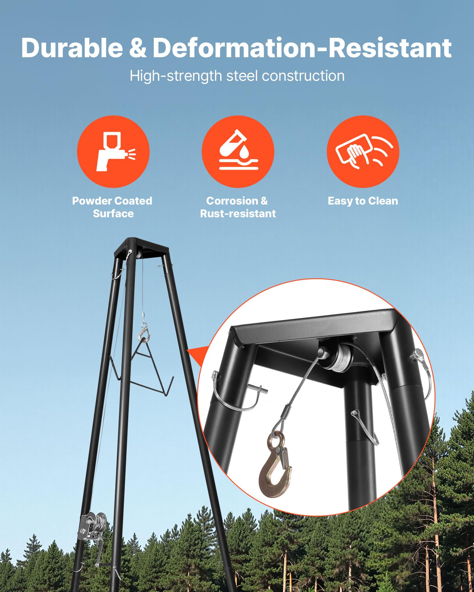 VEVOR Game Hoist, 227 kg Tragkraft, Jagd-Wildhebezeug mit Seilwinde und Gambrel, Wildaufhänger, Jagdspiel Zubehör zur Enthäutung und Reinigung von Jagdwild, 1300 x 1100 x 2750 mm, Schwarz
