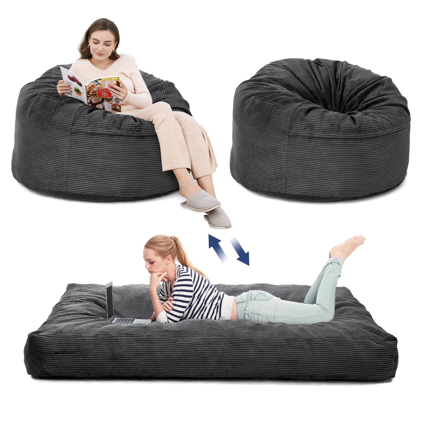 Garvee 2-in-1 Convertible Bean Bag Chair Bed for Adults, Extra Large Floor Sofa Mattress with High Density Foam, Washable Corduroy Cover, No Assembly, For Living Room, Bedroom & Dorm, Dark Gray