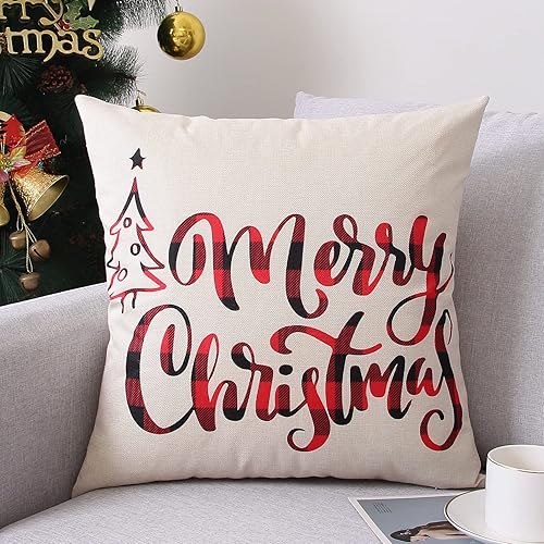 Miniatura 6 de Coeufuedy Juego de 4 fundas de almohada navideñas de 18 x 18 pulgadas, fundas de almohada de lino rústico para vacaciones, decoración navideña para