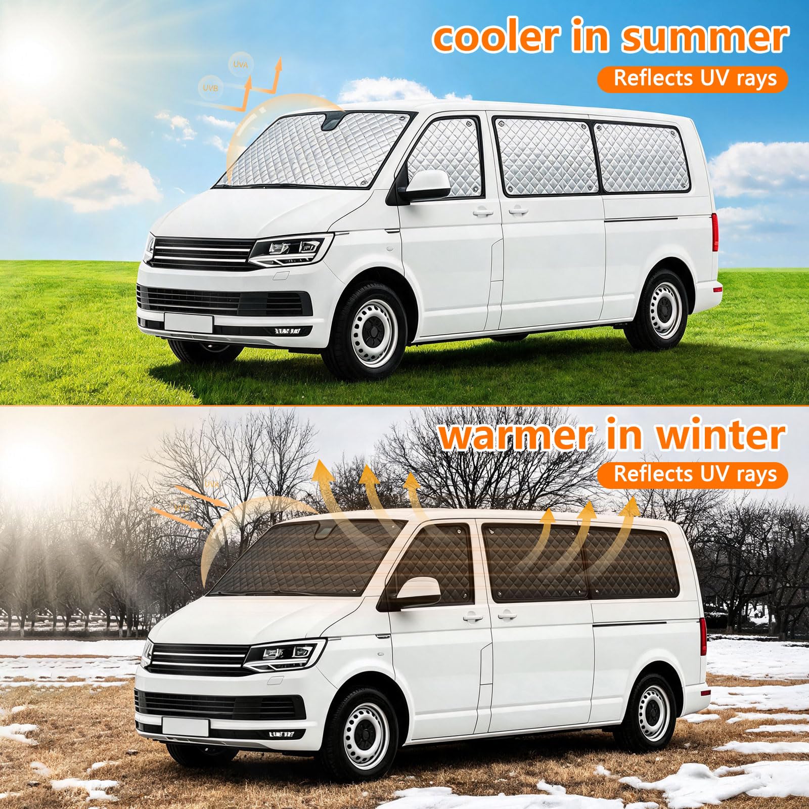 Zasłony przeciwsłoneczne, kompatybilne z VW LWB T5/T6 (8 sztuk)