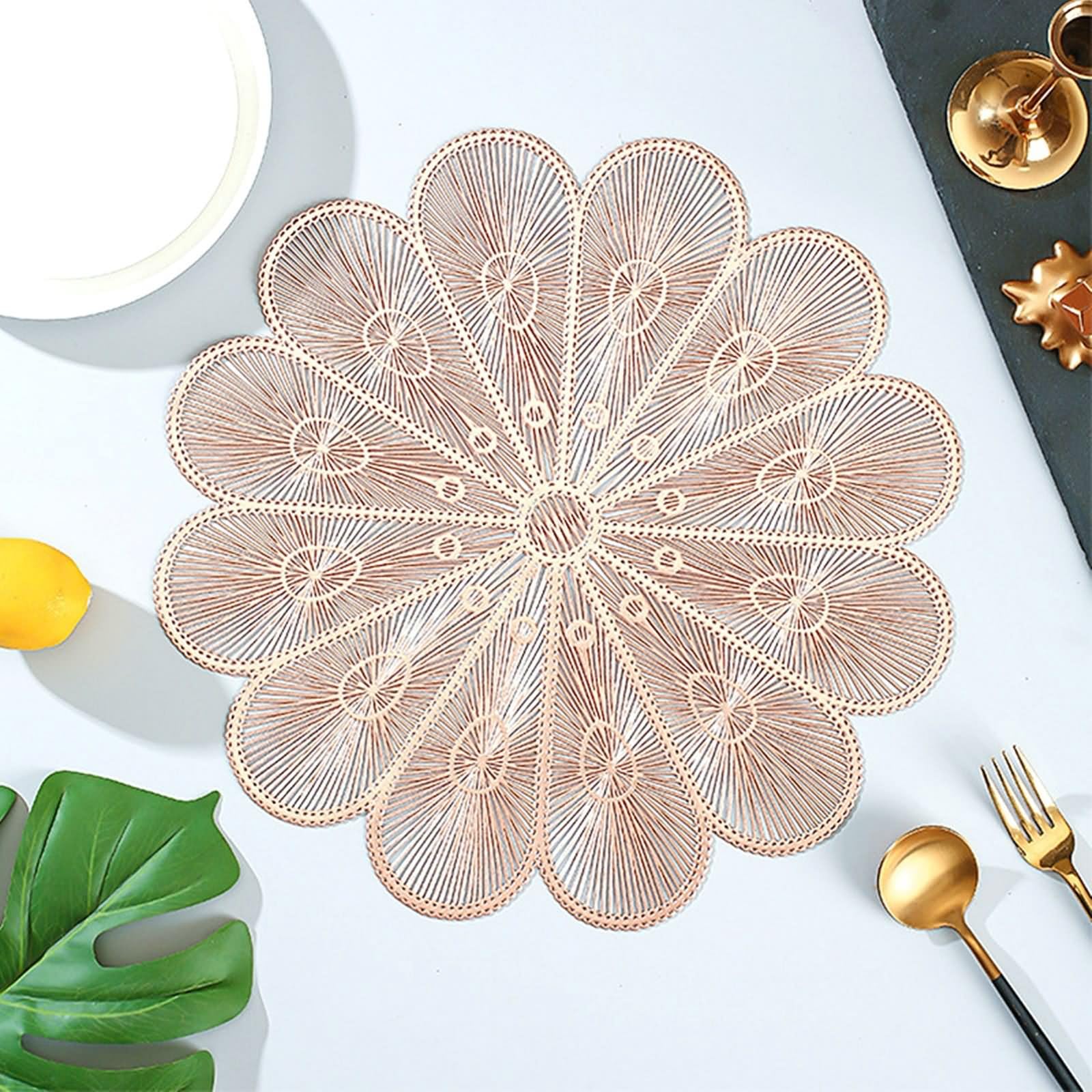 Manteles individuales, 10 unidades, diseño navideño, moderno, 38 cm, con forma de pétalo, PVC, oro rosa