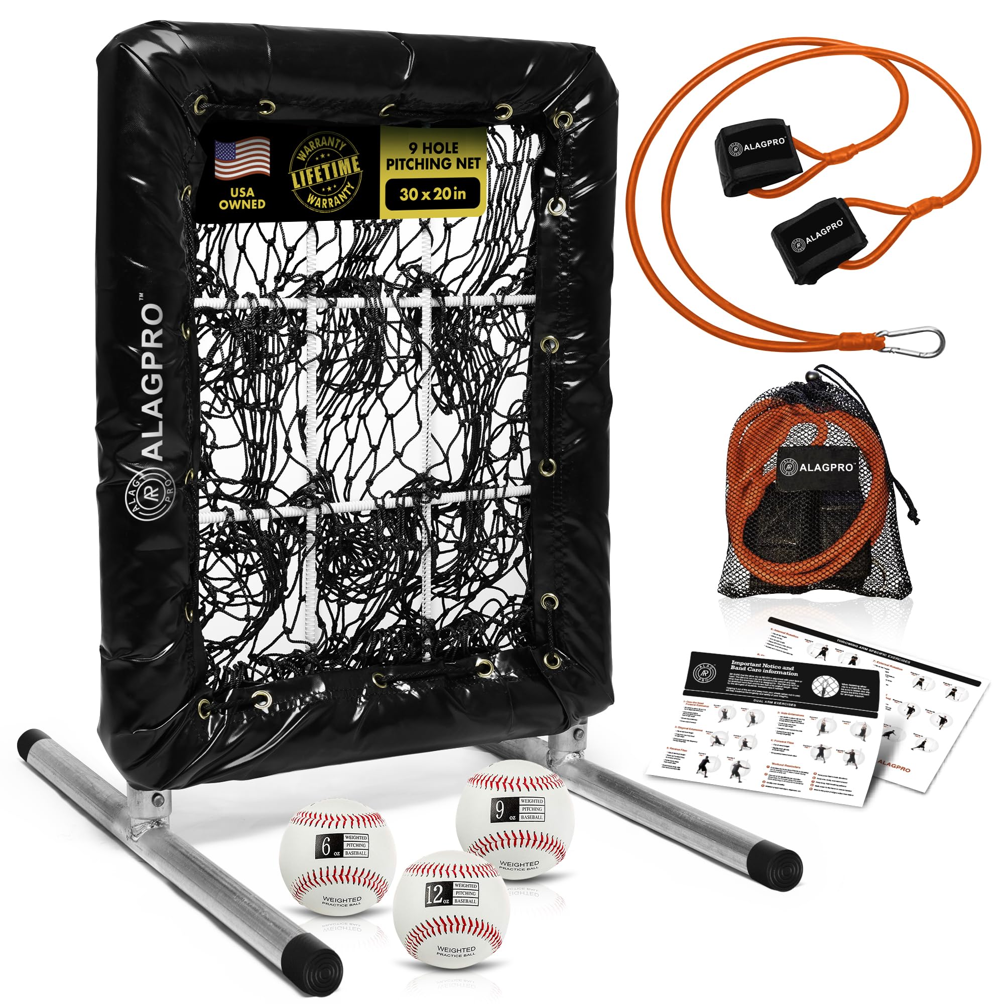 Pocket Pitching Net 9 Hole Pitching Target Strike Zone for Baseball & Softball Pitchers | Best Pitching Aid for Improve Accuracy | Pitcher Training Equipment + 3 Weighted Practice Balls (6, 9, 12oz)