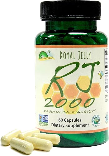 Greenbow Royal Jelly Equivalencia de 2000 mg – Sin OMG fabricado con jalea real orgánica – Una de las más nutritivas empaquetadas – (60 cápsulas