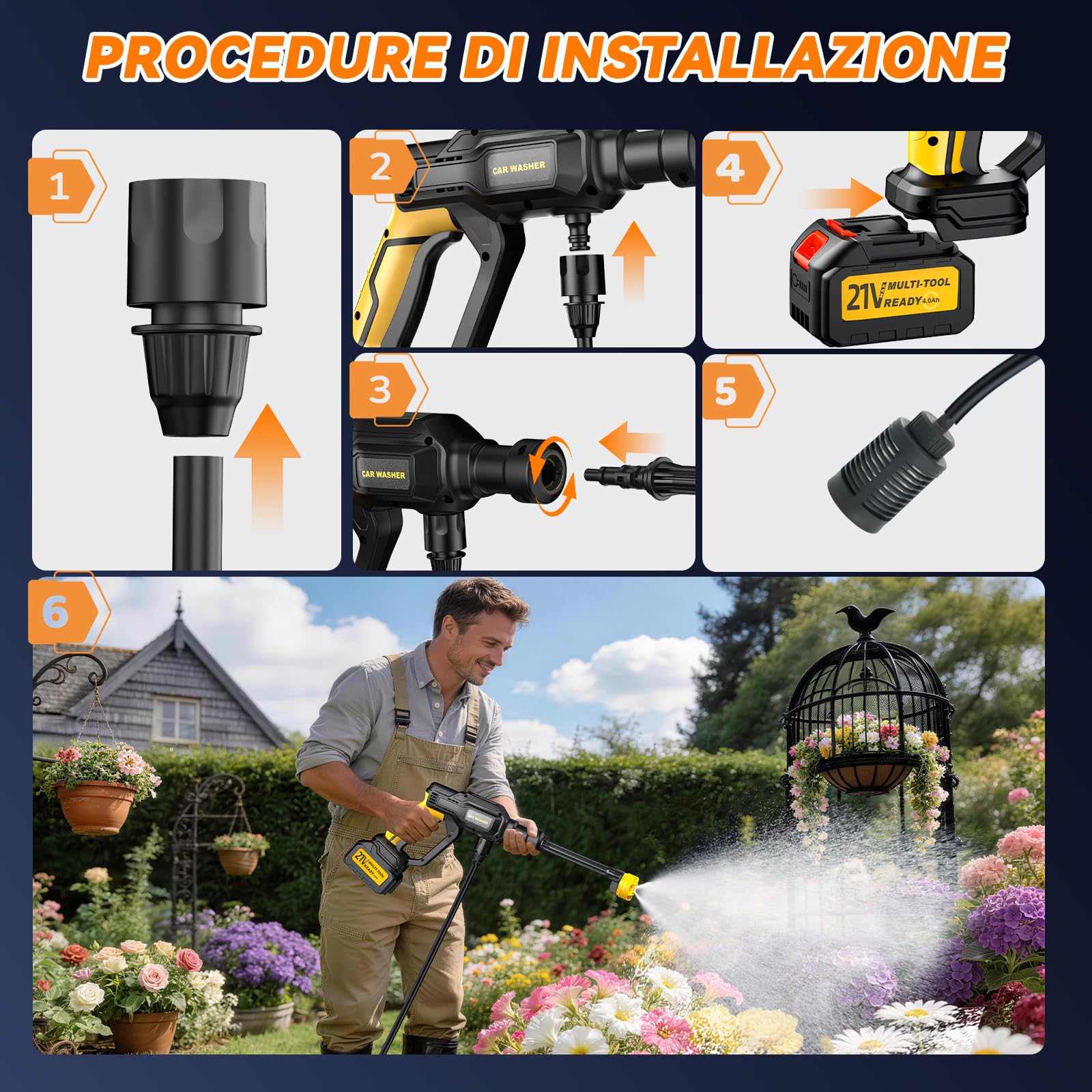 Idropulitrice a Batteria Portatile Professionale 5M Tubo Ugello 6 in 1 per Giardino Auto