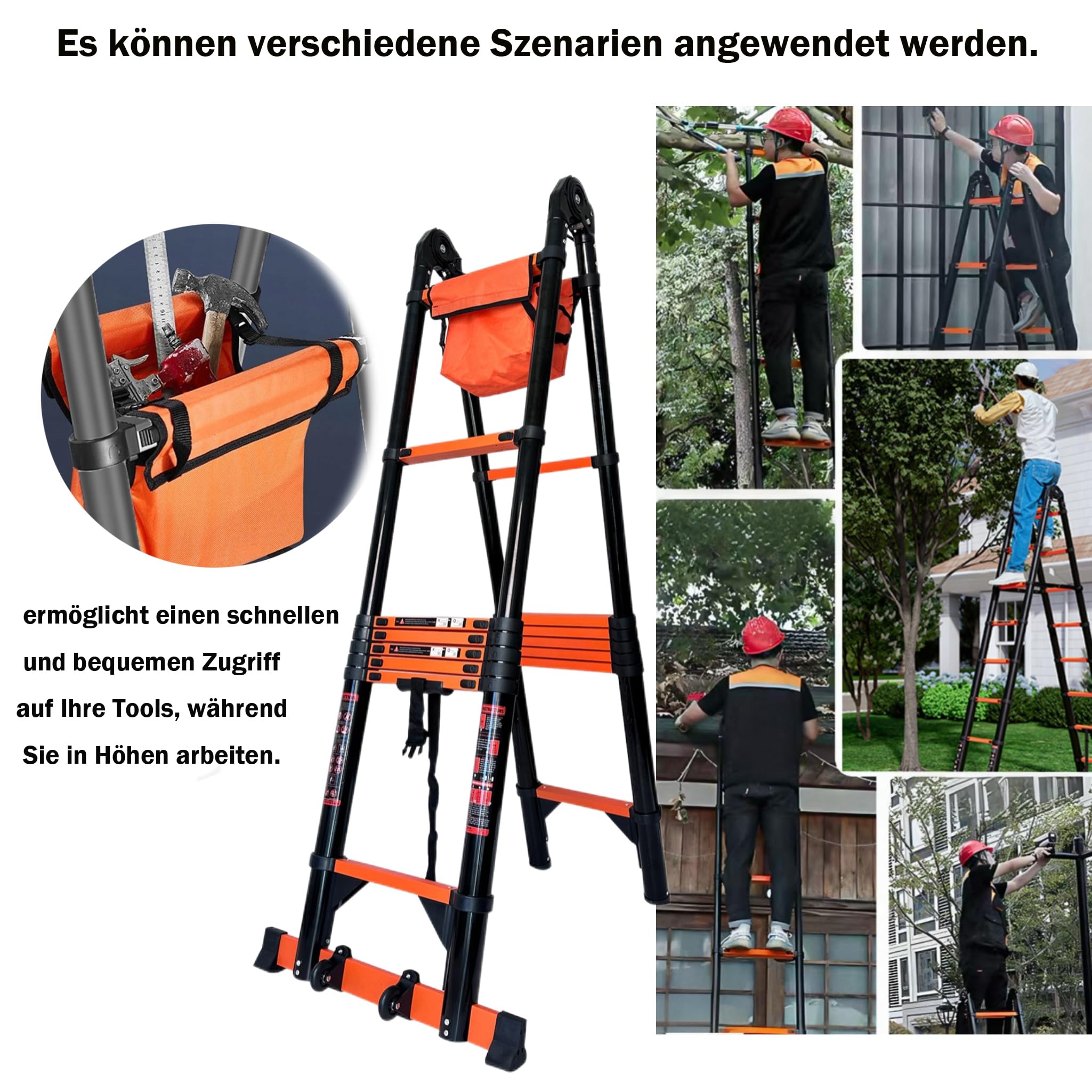 Teleskopleiter Klappleiter 6.6m Multifunktionsleite 3.3m+3.3m Kohlenstoffstahl Leiter Stehleiter mit 2 Rädern & Werkzeugtasche Bis 150 kg Belastbarkeit mit EN131 Zertifiziert