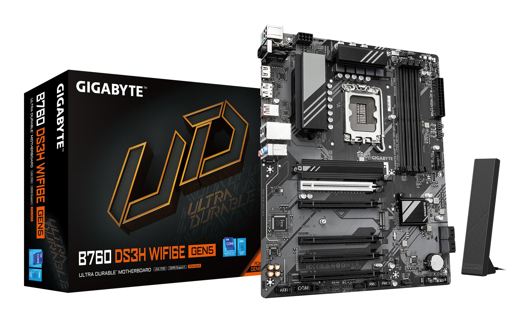 GIGABYTE B760 DS3H WIFI6E GEN5 płyta główna - obsługuje procesory Intel Core 14. generacji, 8+2+1 fazy cyfrowy VRM, do 5600 MHz DDR5, 2xPCIe 4.0 M.2, Wi-Fi 6E, 1 GbE LAN, USB 3.2 Gen 2x2