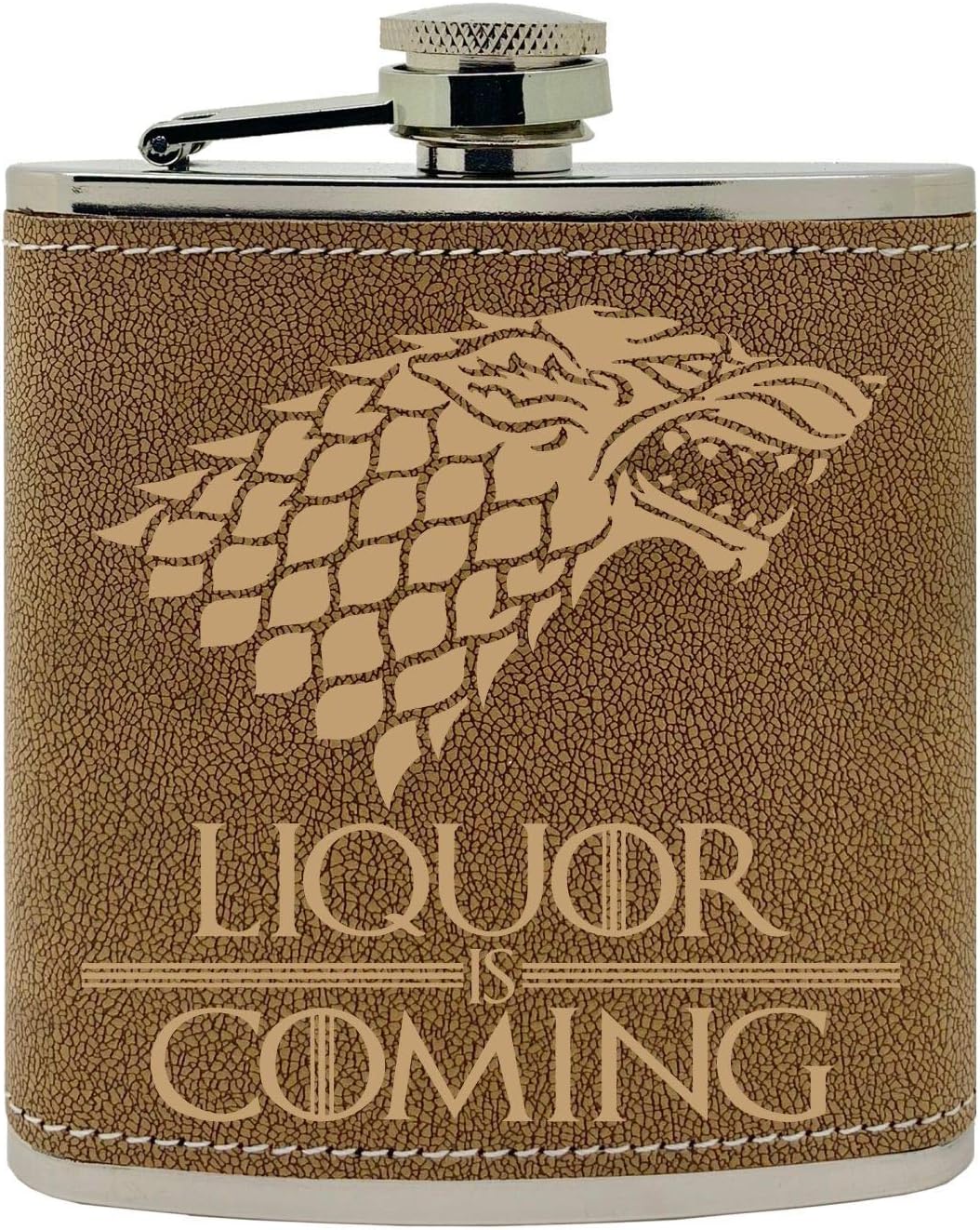 "Liquor is Coming" GoT Inspired Super Fan Gold Wolf Design Custom Printed Stainless Steel Alcohol Hip Flask, 6 Oz. Black