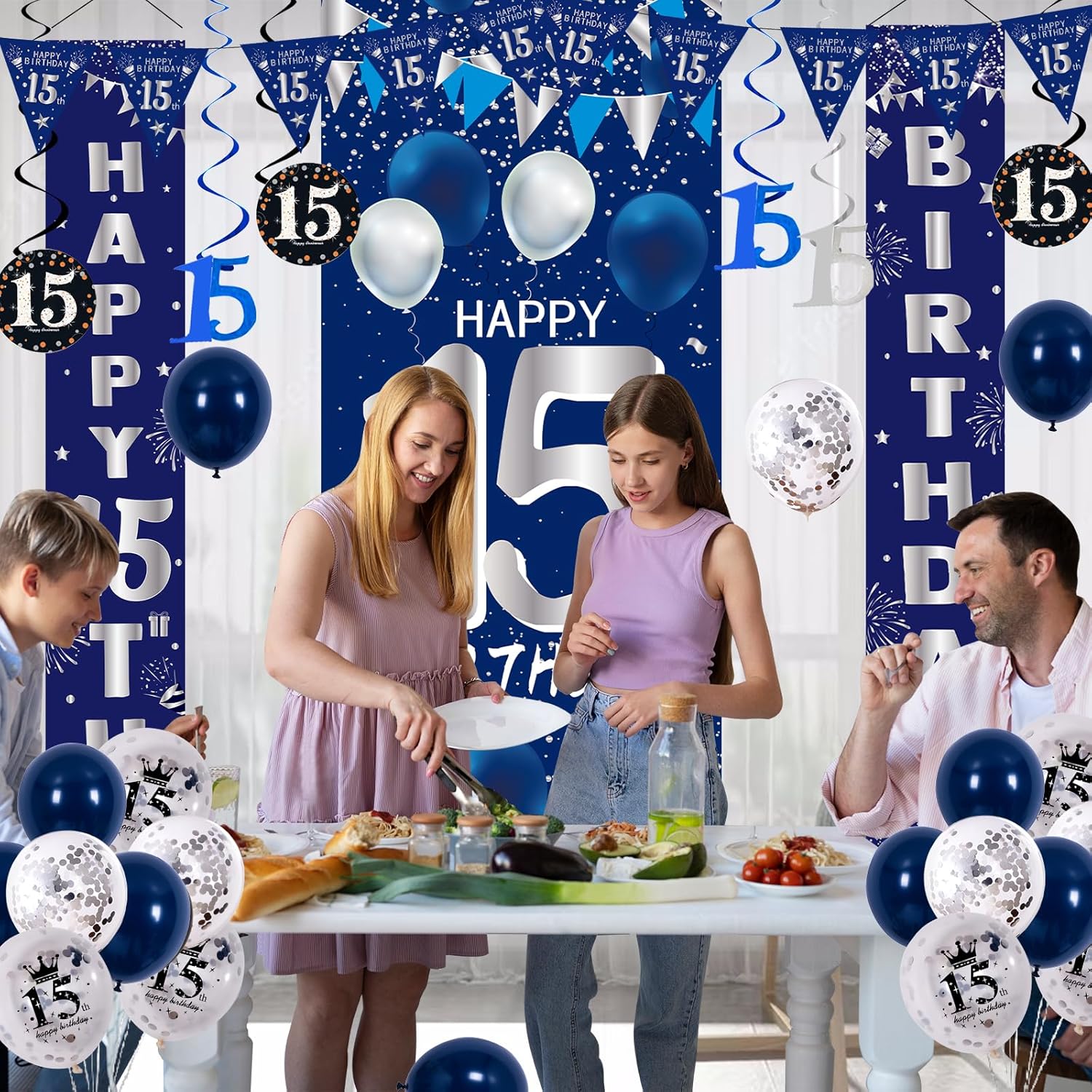 15th Birthday Decorations for Boys Girls, Navy Blue Happy 15th Birthday Door Banner Sign, 15 Years Old Party Supplies Teenagers Bday Backdrop Balloons Hanging Decors - Image 4