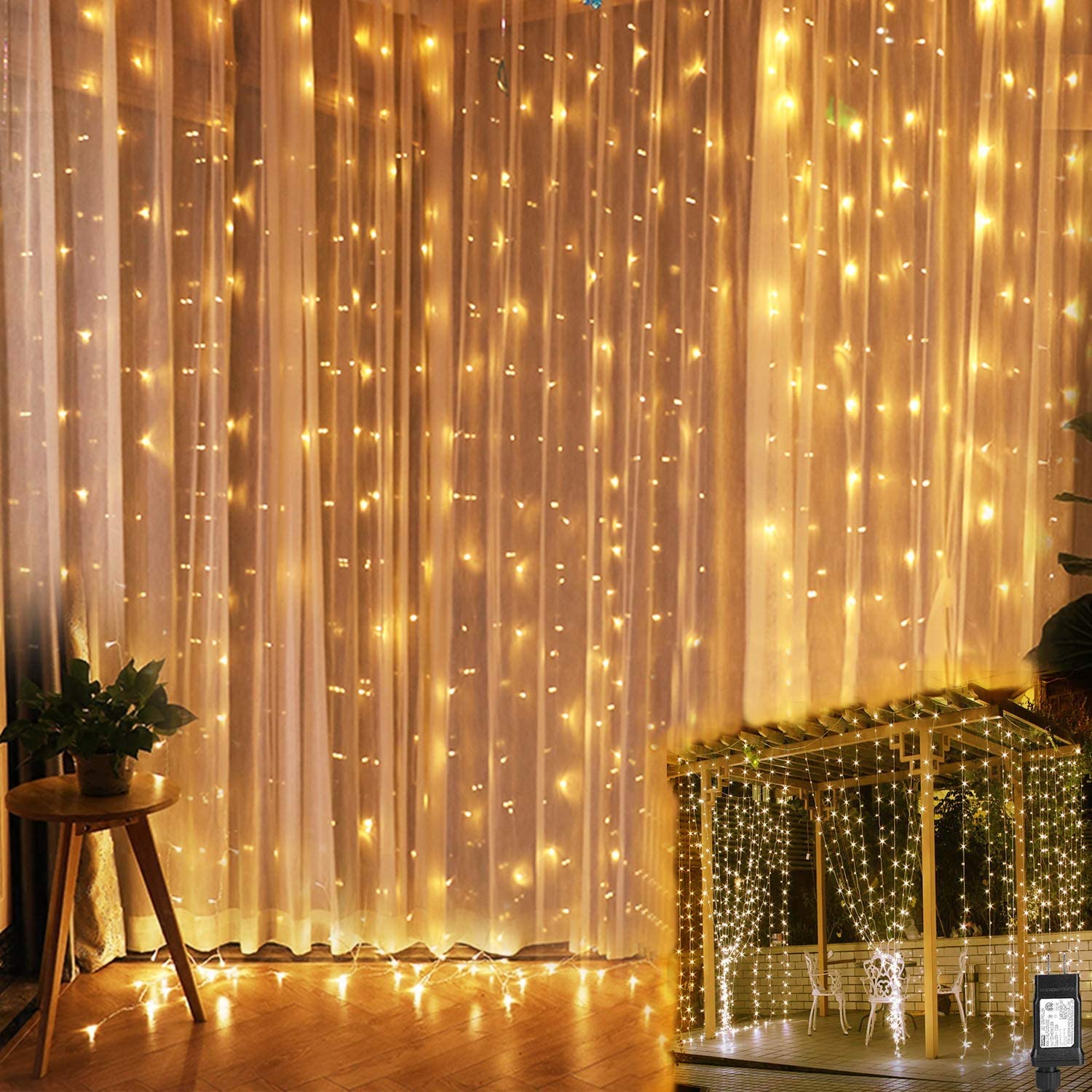 Cortina de Luces, 300 LED 3M * 3M 8 modos Cadena de luz Blanca Cálida Resistente al Agua, IP44, Adecuada para Cortinas, Aleros, Fiestas, Jardín, Arboles, Navidad, Bodas y Halloween Decorar