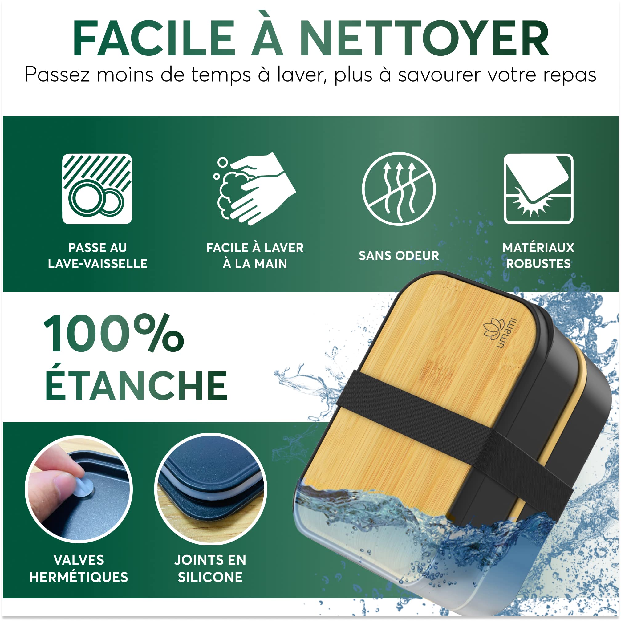 Umami Bento Lunch Box, 2 Pots à Sauce & Couverts en Bois Inclus, Lunchbox Micro-Ondable, Boîte à lunch Adulte, Boîte Repas Compartimentée, Boîte Bento Lunch Box, Bento Box