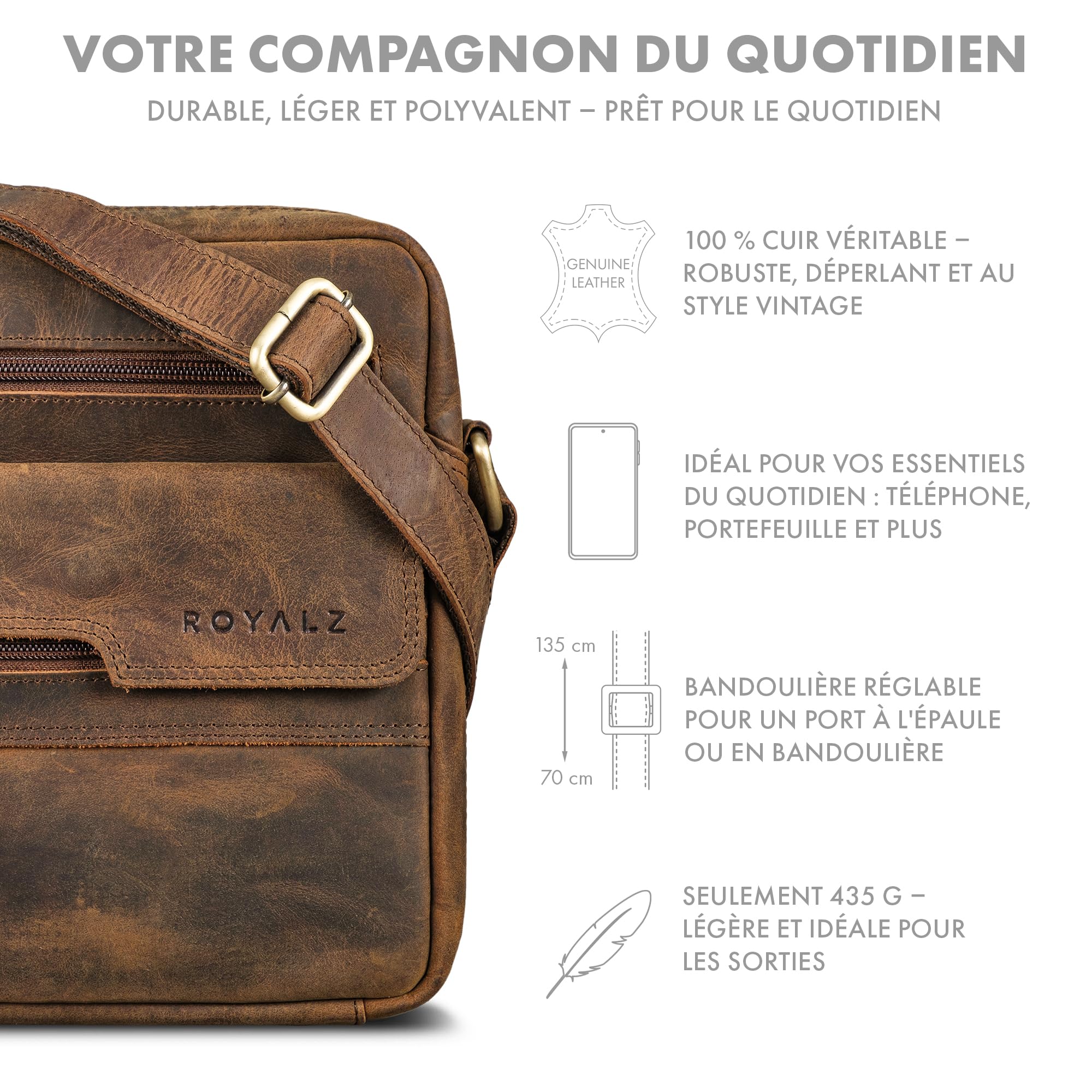 ROYALZ "Oregon Sac Bandoulière Homme Cuir Petit – Sac Homme Cuir Véritable Vintage, Sacoche Homme Compacte, Sac Porté Croisé Homme, Sac Messenger Cuir