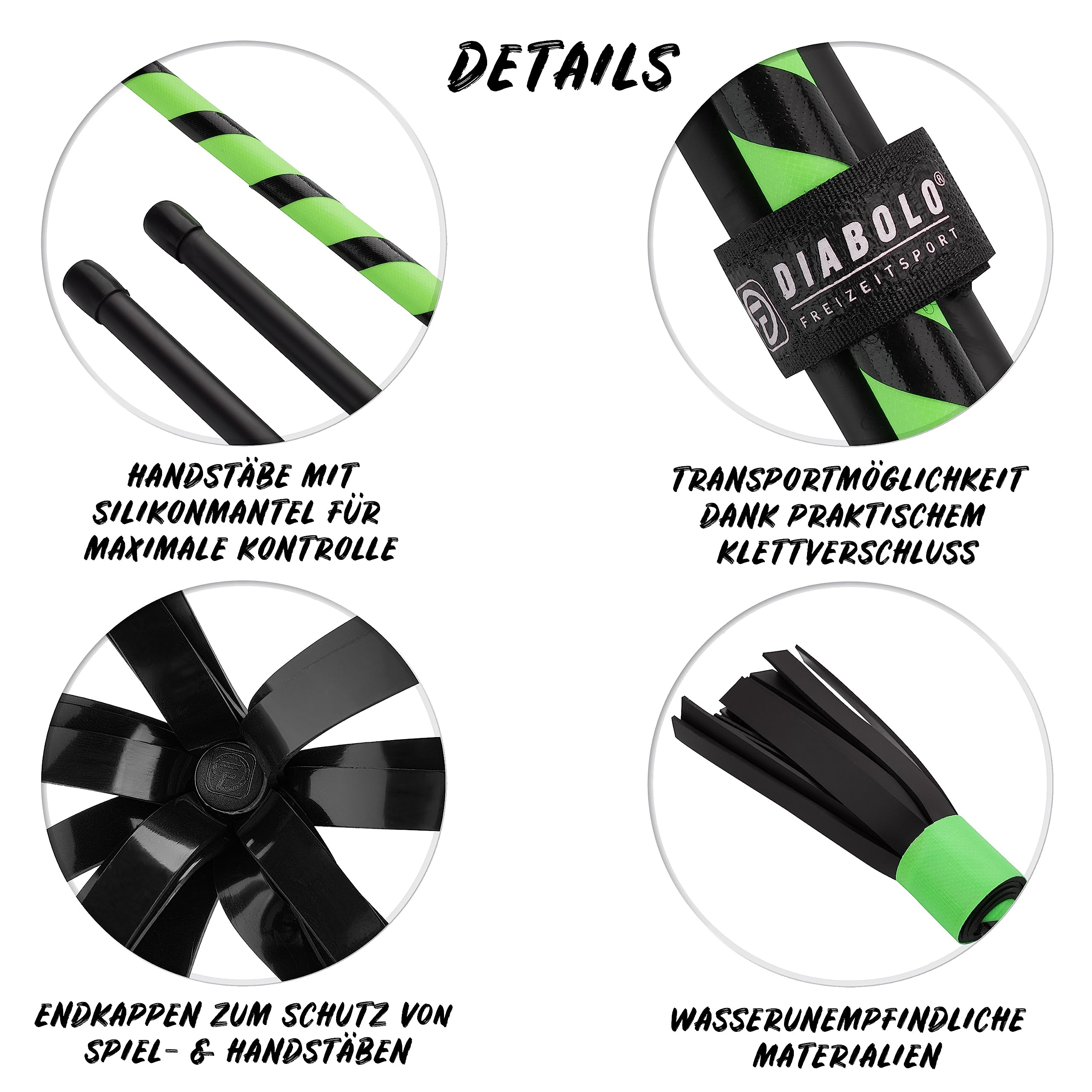 Diabolo Freizeitsport Flowerstick Basic (grün) - UV reaktiver Flower Stick mit Zwei Glasfaser Handstäben, Hingucker auf Festivals, ideal für Anfänger