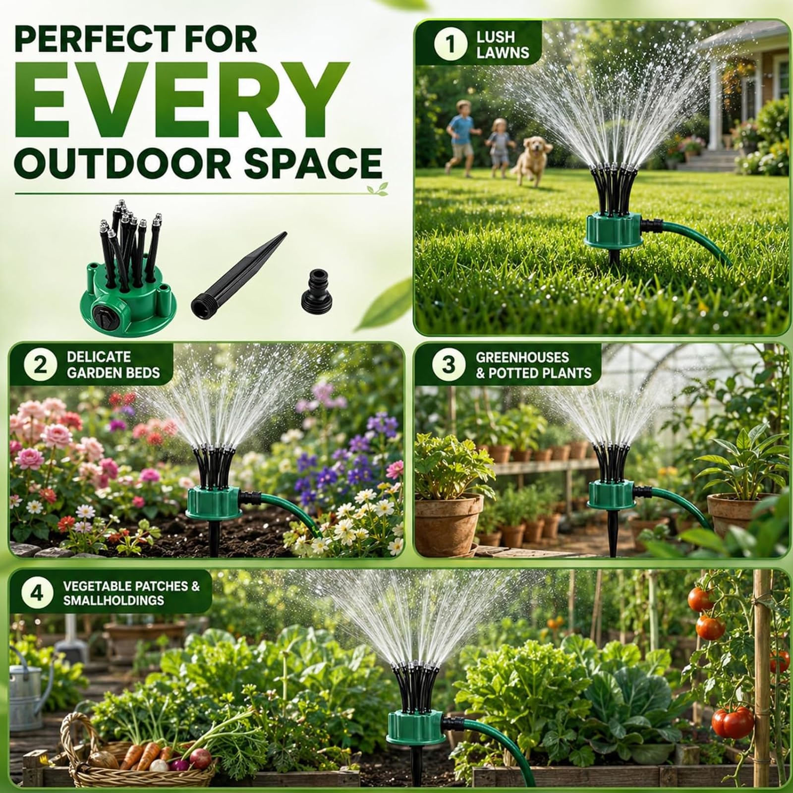 Sistema di irrigazione da giardino a 360°, irrigatori rotanti automatici con 12 ugelli regolabili, 2 pezzi per prato, cortile, aiuole, soluzione di irrigazione efficiente