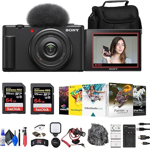 Sony Cámara de vlogging ZV-1F (negro) (ZV1FB) + 2 tarjetas de 64 GB + 2 baterías NPBX1 + lector de tarjetas + software de fotos Corel + luz LED +