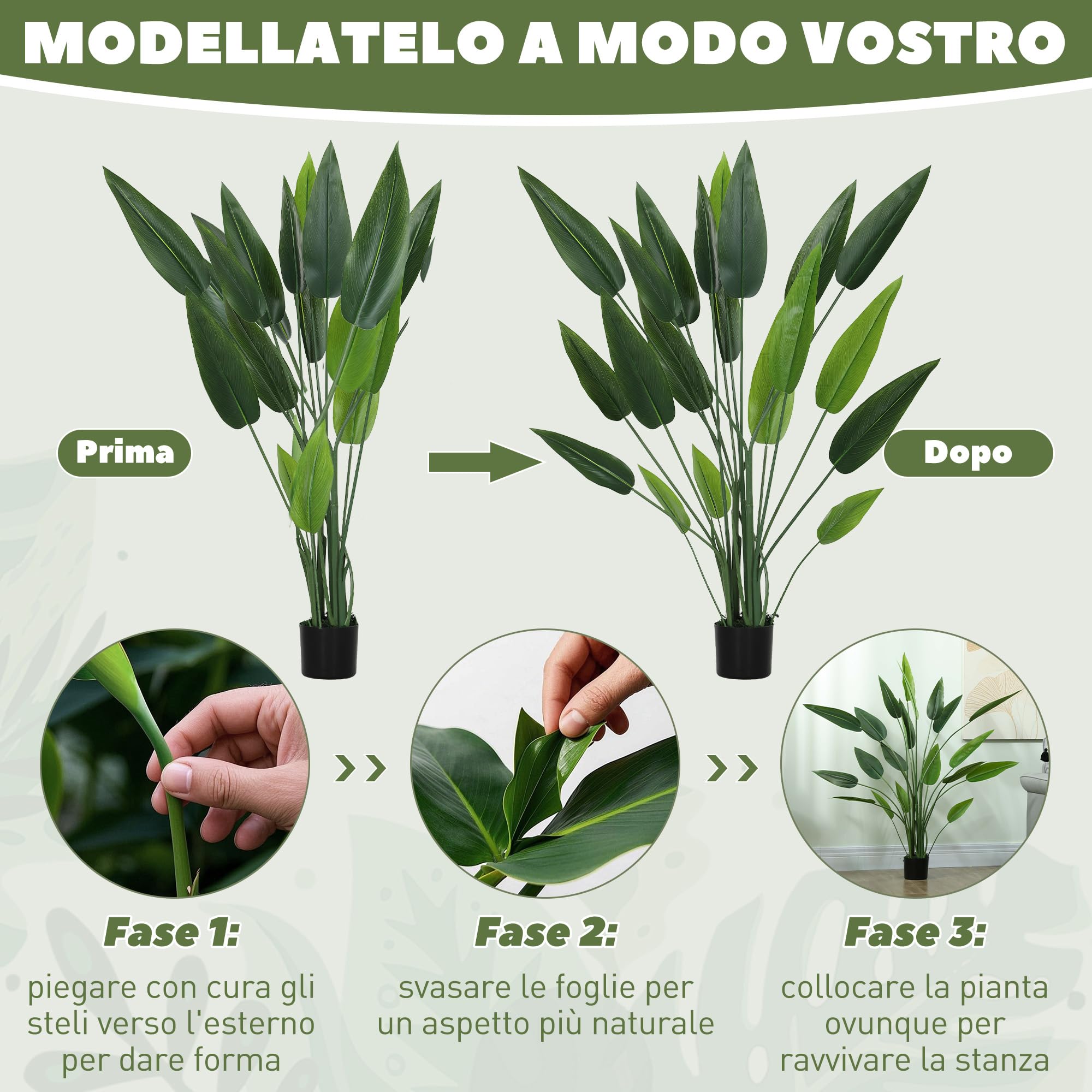 HOMCOM Pianta Artificiale Verde di Uccello del Paradiso, 20 Foglie, 140 cm