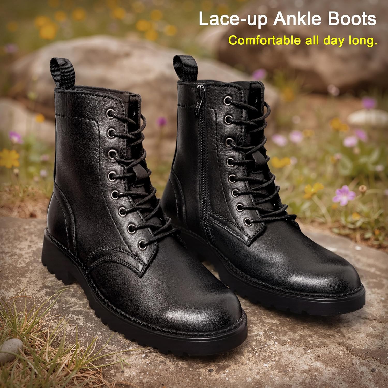 Vepose Women's Combat Ankle Black Flat Boots, Military Fashion 925 Booties Inner Zipper - Image 3