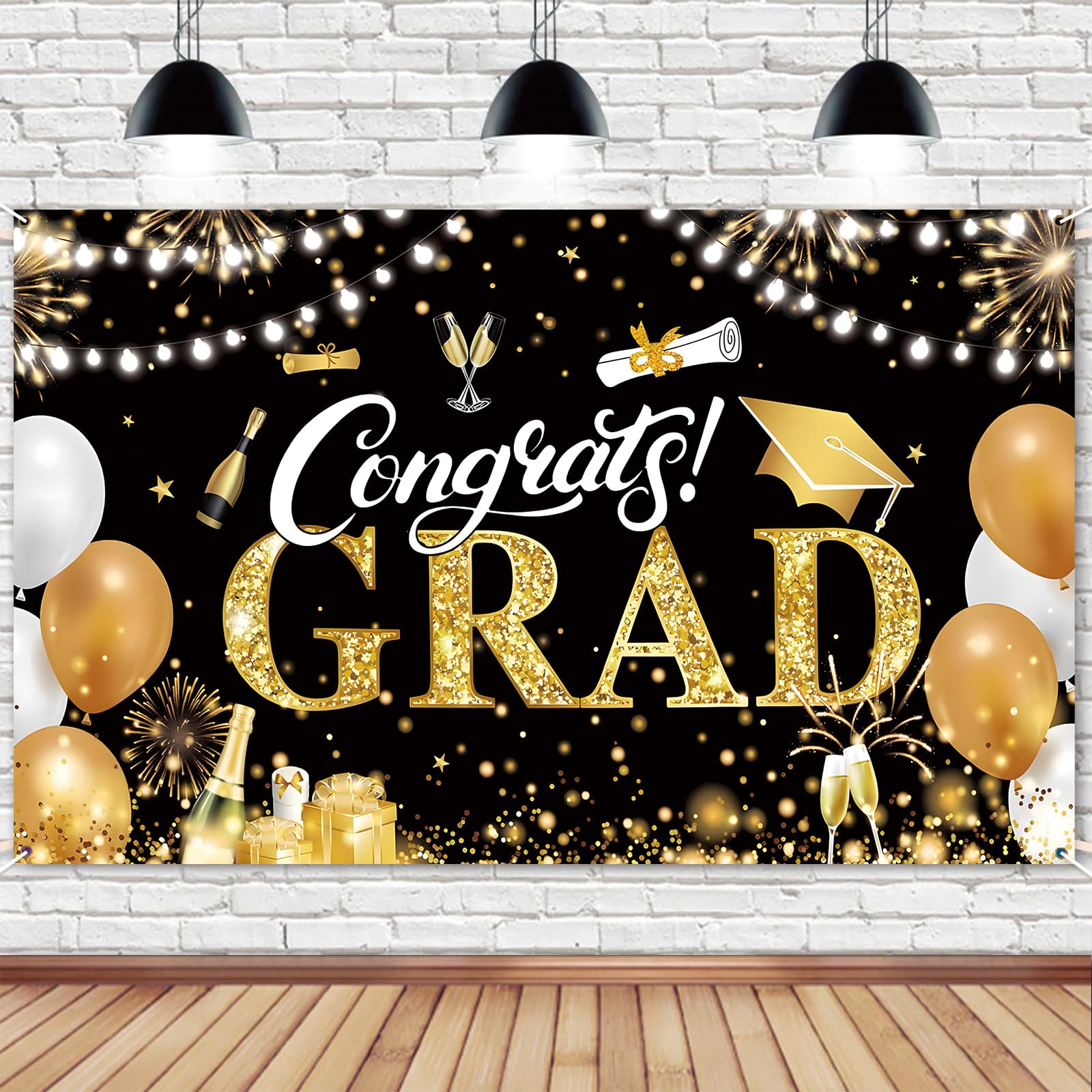 Graduation Decorations Banner Class of 2026 Backdrop Black And Gold Congrats Grad Prom Banner 2026 Party Supplies Photo Prop/Booth Backdrop Hang for Quick Setup At Doorways, Stages or Receptions