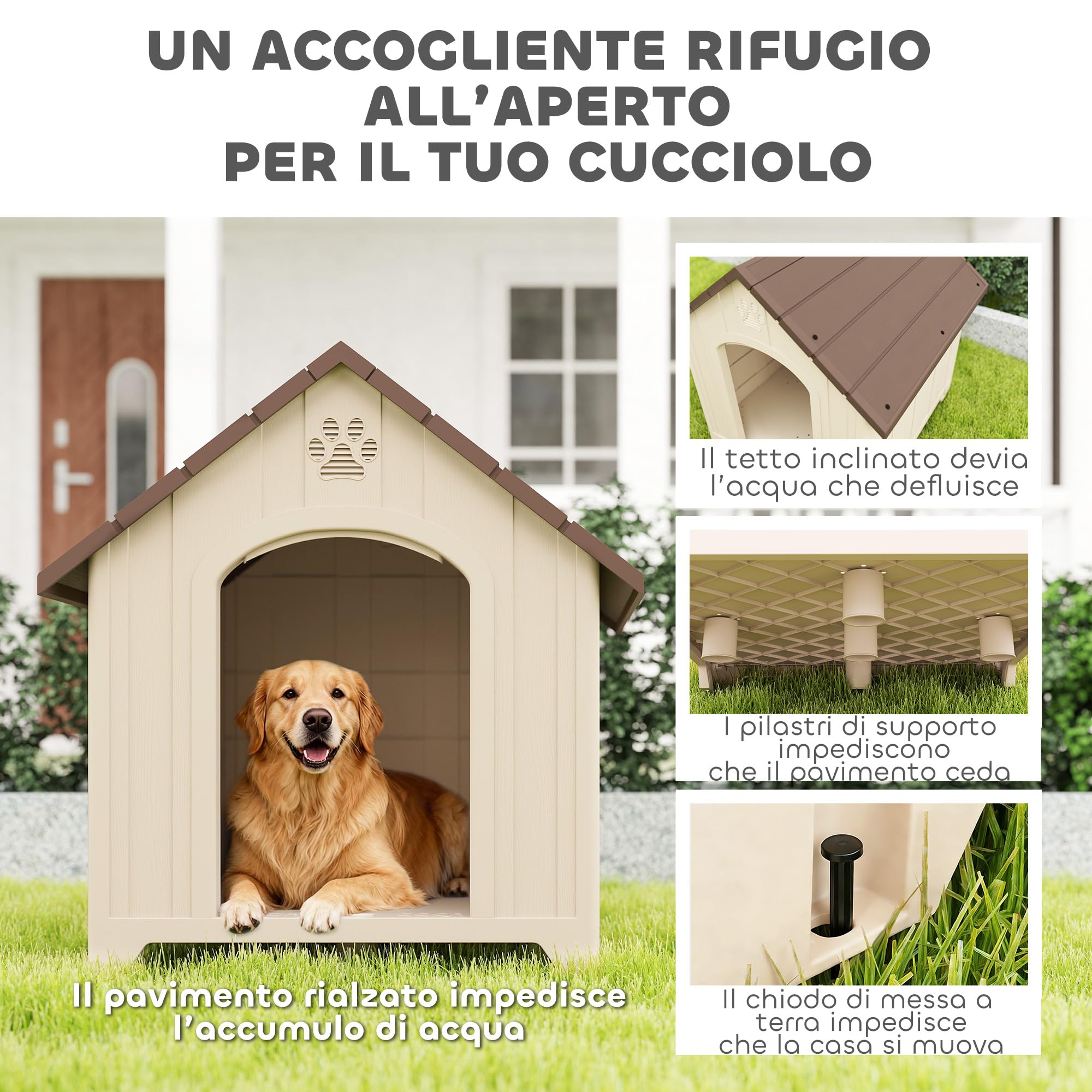 PawHut Cuccia per Cani da Esterno, Taglia Media Grande, Casetta per Cani in Plastica Impermeabile con Base Rialzata, Finestre e Tetto Spiovente per Giardino, Patio, Terrazza, Casa, 88x78x89 cm, Beige