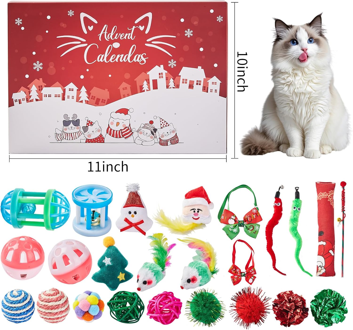 Christmas Cat Toy Advent Calendar 2025, 24 Days Xmas Cat Toys Countdown Calendar Gift Set for Cat Lovers with Mice Ball Bells Feather Teaser