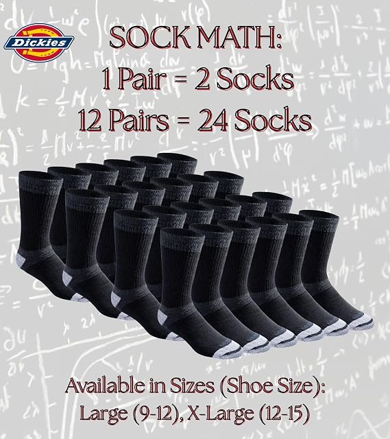 Dickies Men's Dri-tech Moisture Control Max Full Cushion Crew Socks, Available in M-xl (6, 12 Pairs)