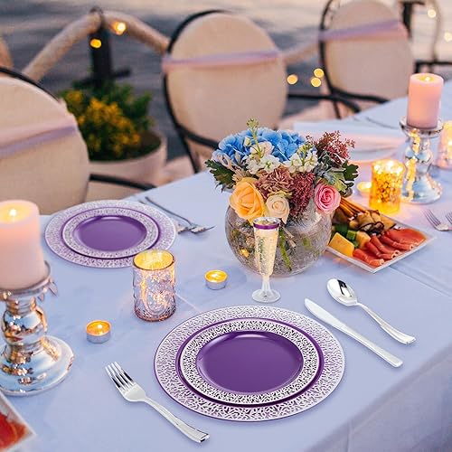 Miniatura 6 de Suclain Juego de vajilla de plástico desechable de 300 piezas, 100 platos de plástico, 50 copas de champán, 150 cuchillos, tenedores y cucharas para
