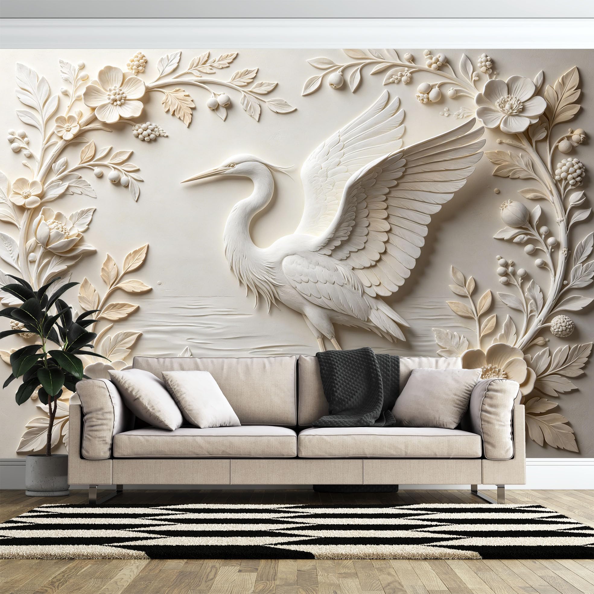 Carta Da Parati Murale con Airone Bianco E Fiori Selvatici 600×420 cm (Lxa) Carta Da Parati Fotografica In Tessuto Non Tessuto Atmosfera Estetica Orientale Decorazione Murale con Uccelli E Fiori Pe