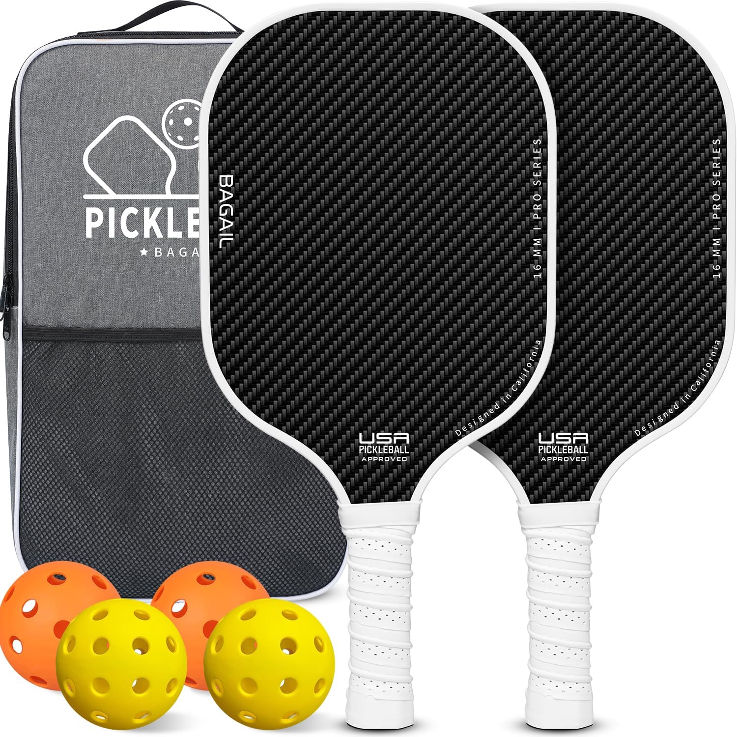 BAGAIL Pickleball Paddles, USAPA Approved Fiberglass Surface Pickleball Set, Lightweight Pickle Ball Rackets with 4 Balls, 1 Bag, Designed in California for Traction and Stability