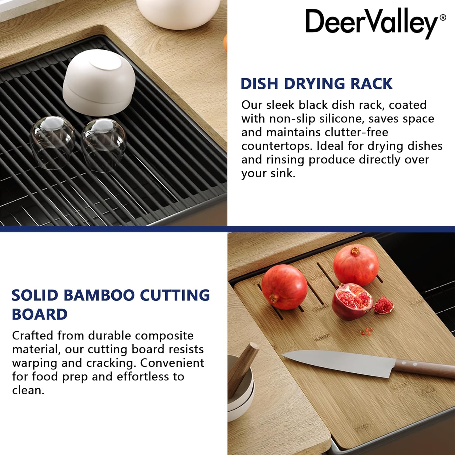 DeerValley 33 inch Workstation Kitchen Sink, Black Fireclay Farmhouse Sink, Double Bowl Apron Front Deep Drop-in Undermount Sink with Workstation Accessories