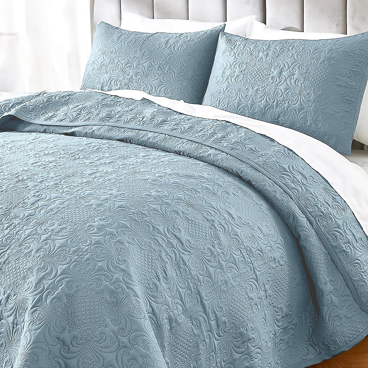 LABHAM - Sensations 300GSM Dual-Purpose Bedcover Cum AC Comforter Set - Super-Soft, Fluffy, All-Season, UltraSonic Quilted (90"x108") with 2 Pillow Covers & Multi-Purpose Bag (Denim)